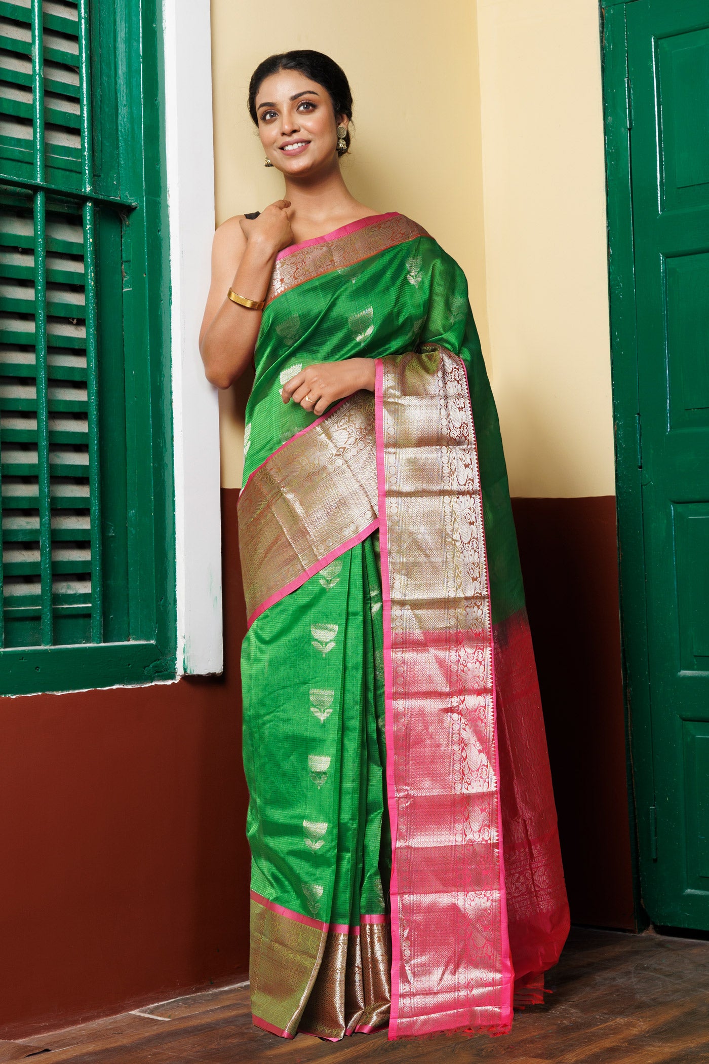 Green-Pink Pure Handloom Assam Sico Saree-UNM81114