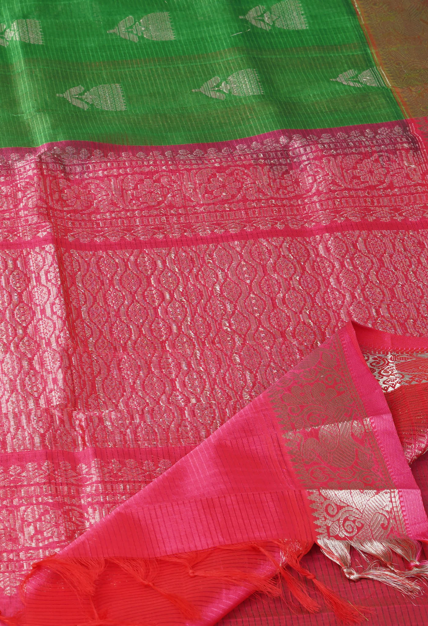 Green-Pink Pure Handloom Assam Sico Saree-UNM81114