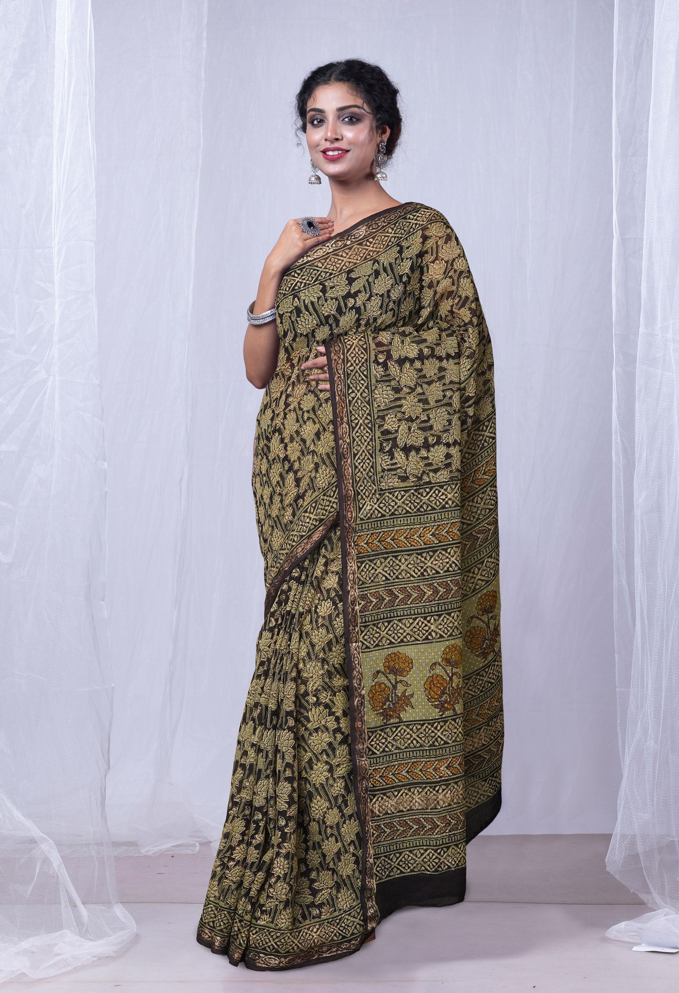 Black Pure Discharge Bagru Printed Kota Saree-UNM81170