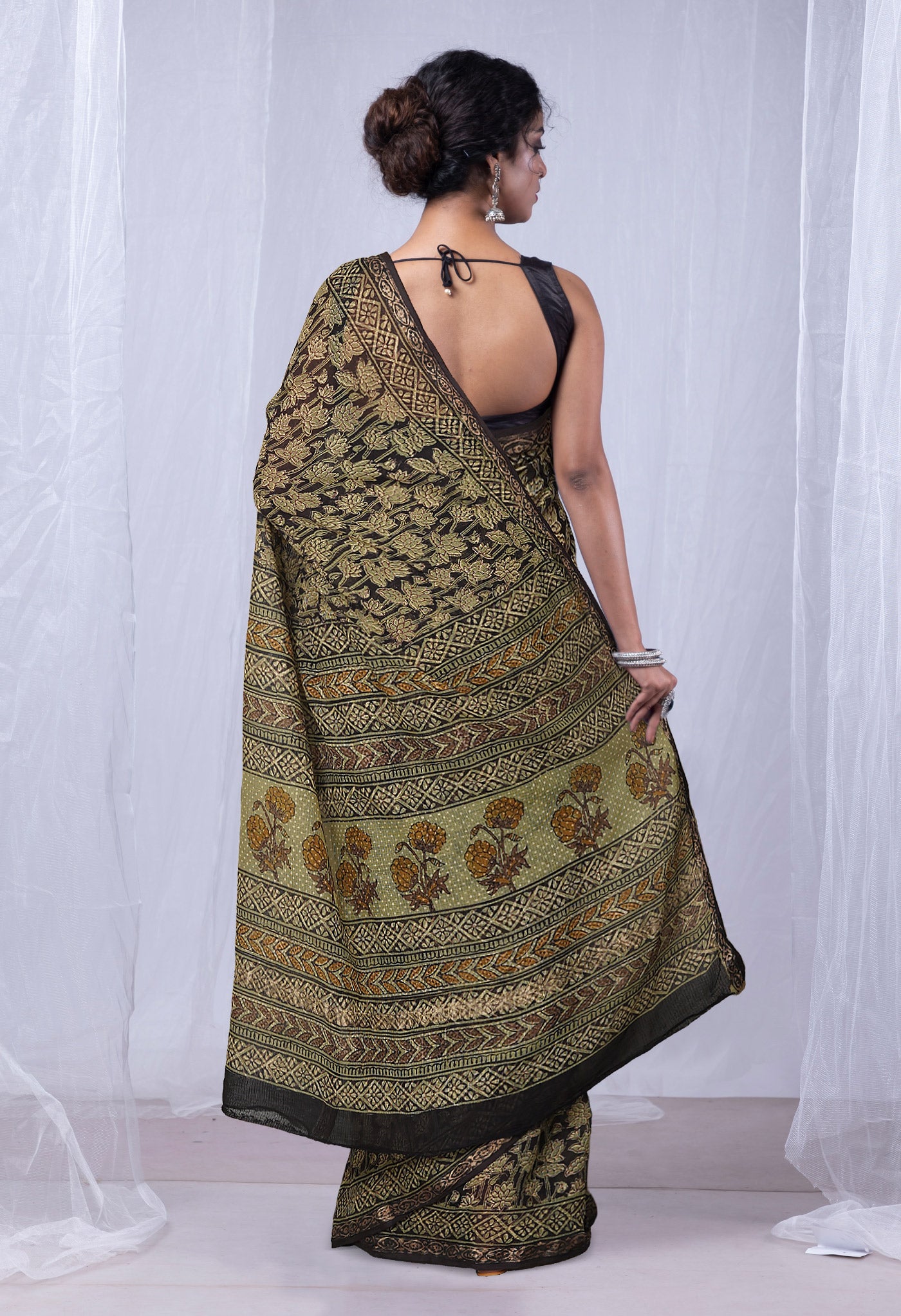 Black Pure Discharge Bagru Printed Kota Saree-UNM81170