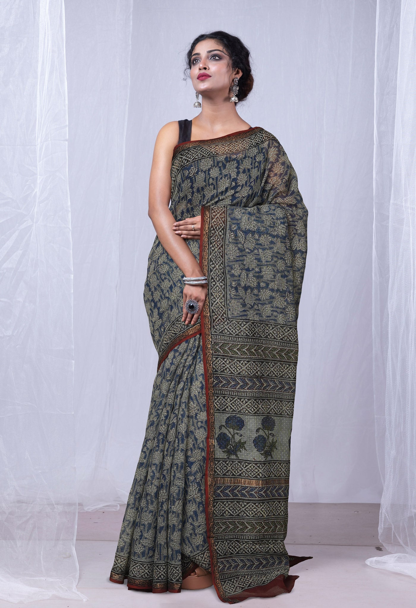 Blue Pure Discharge Bagru Printed Kota Saree-UNM81171