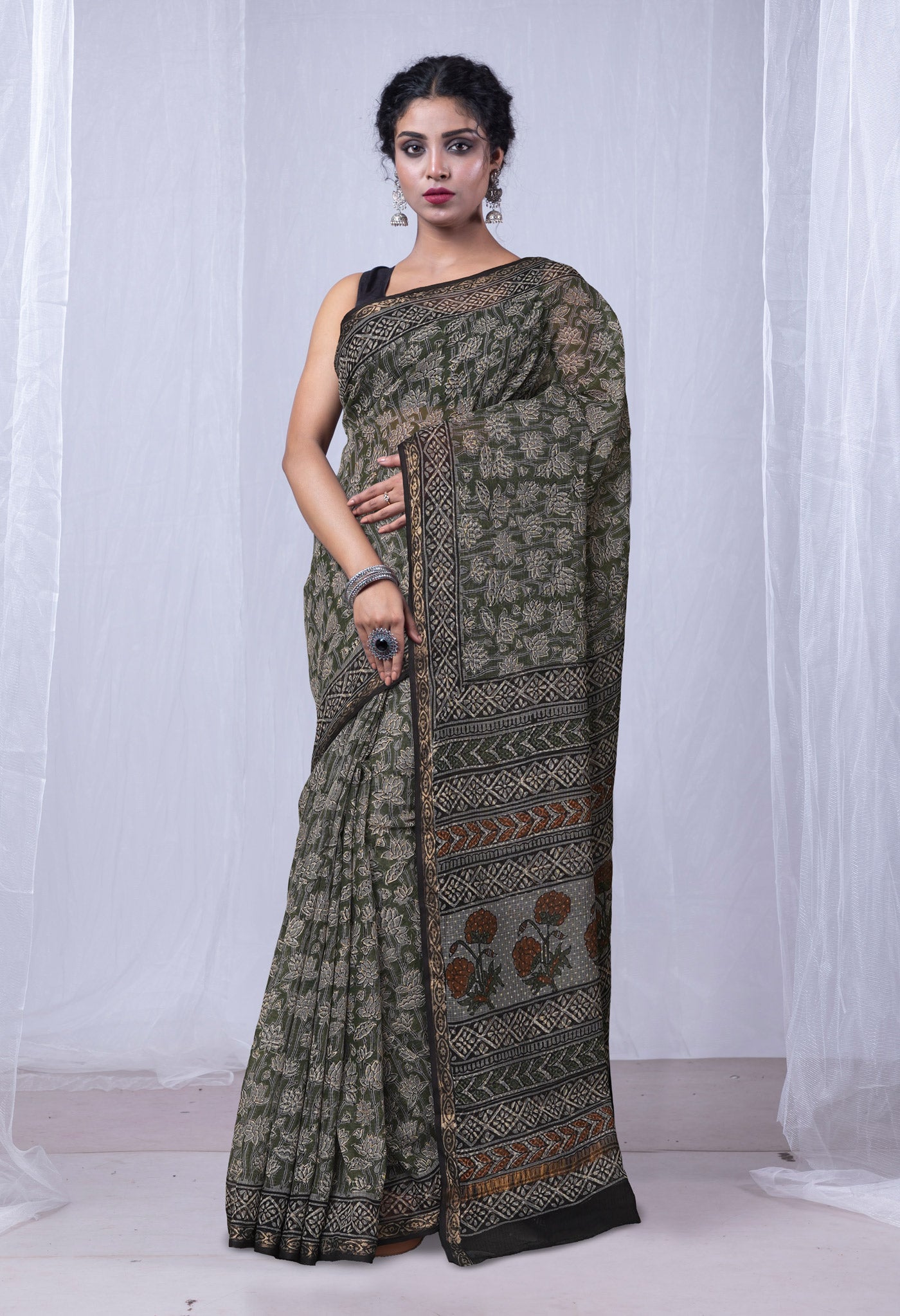 Green Pure Discharge Bagru Printed Kota Saree-UNM81172