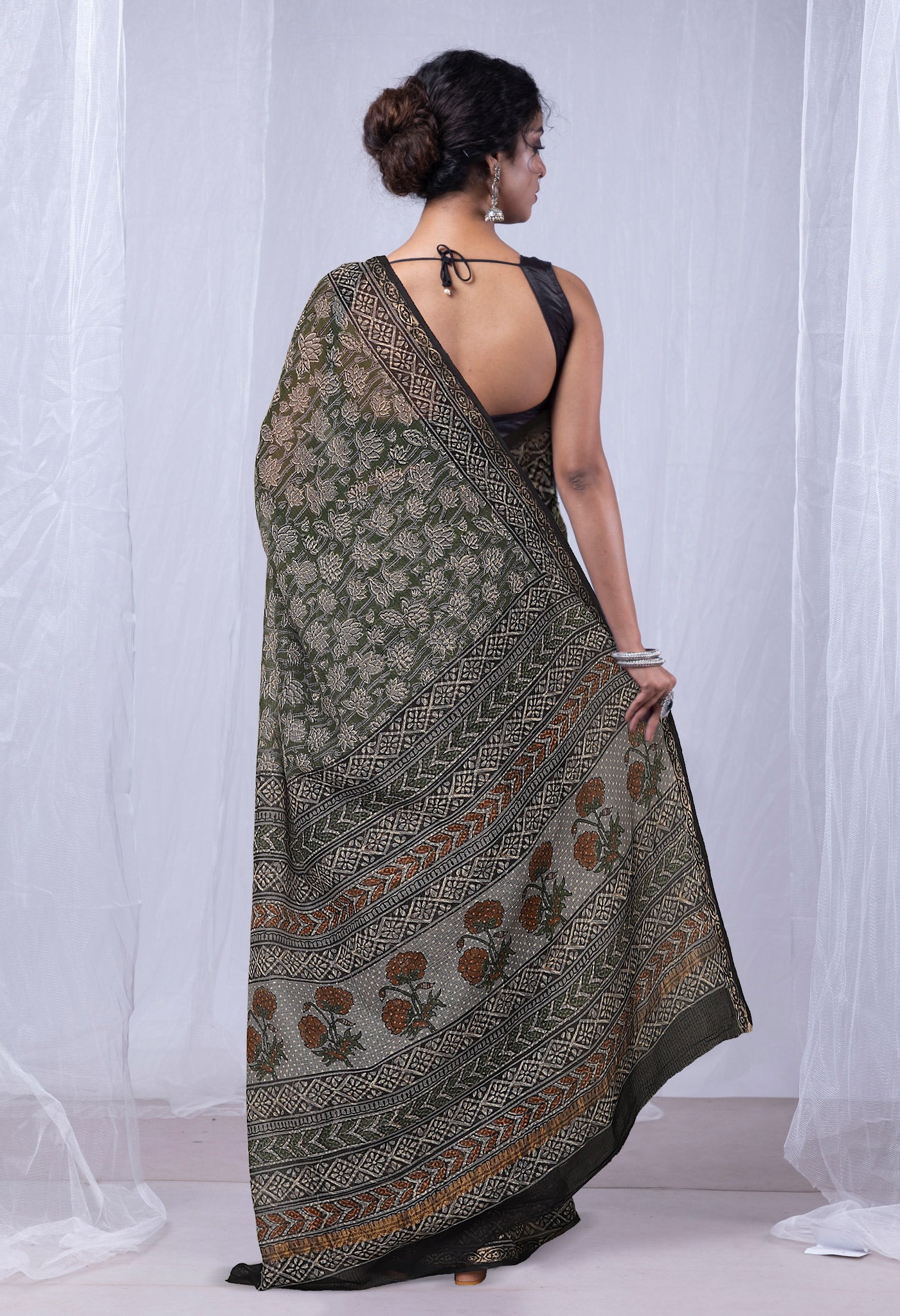 Green Pure Discharge Bagru Printed Kota Saree-UNM81172