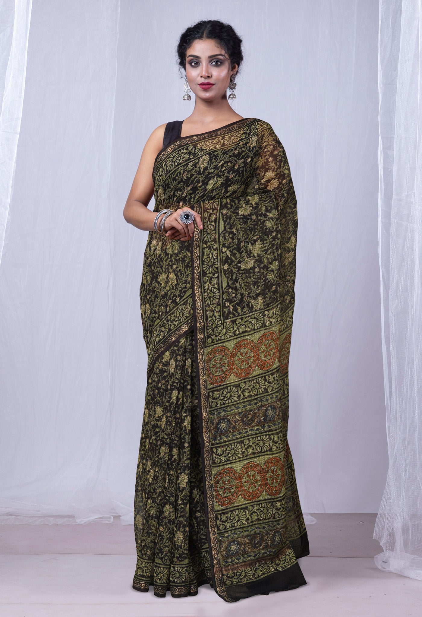 Black Pure Discharge Bagru Printed Kota Saree-UNM81174