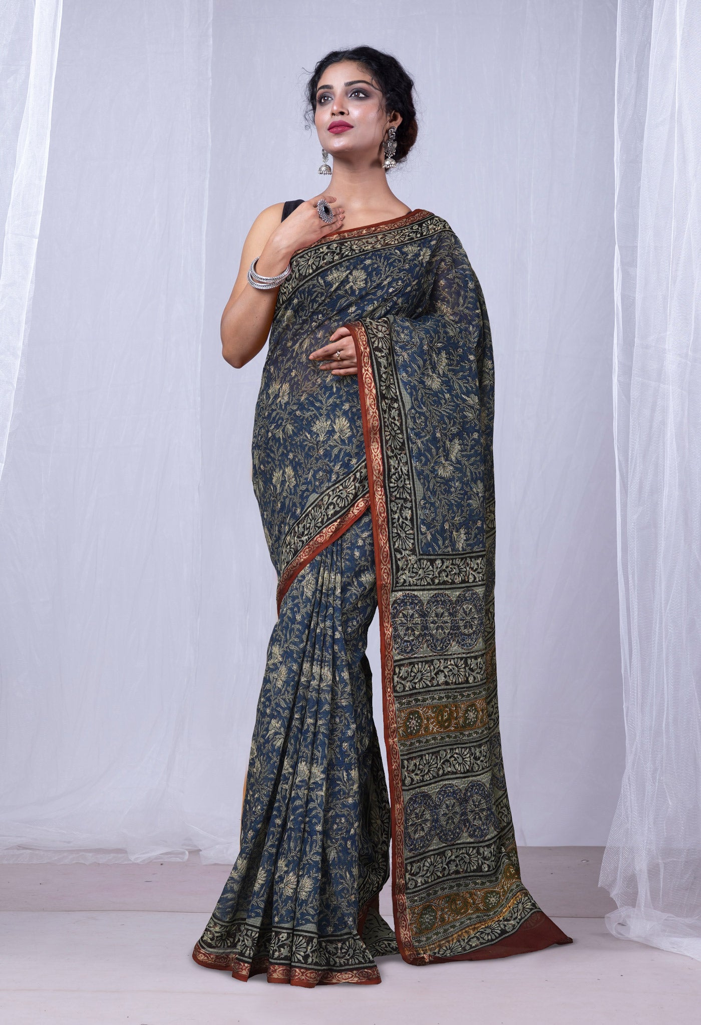 Blue Pure Discharge Bagru Printed Kota Saree-UNM81175