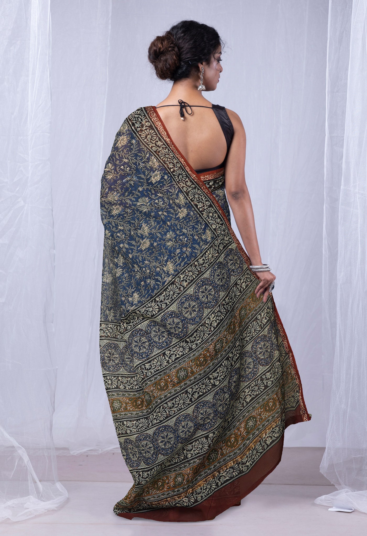 Blue Pure Discharge Bagru Printed Kota Saree-UNM81175