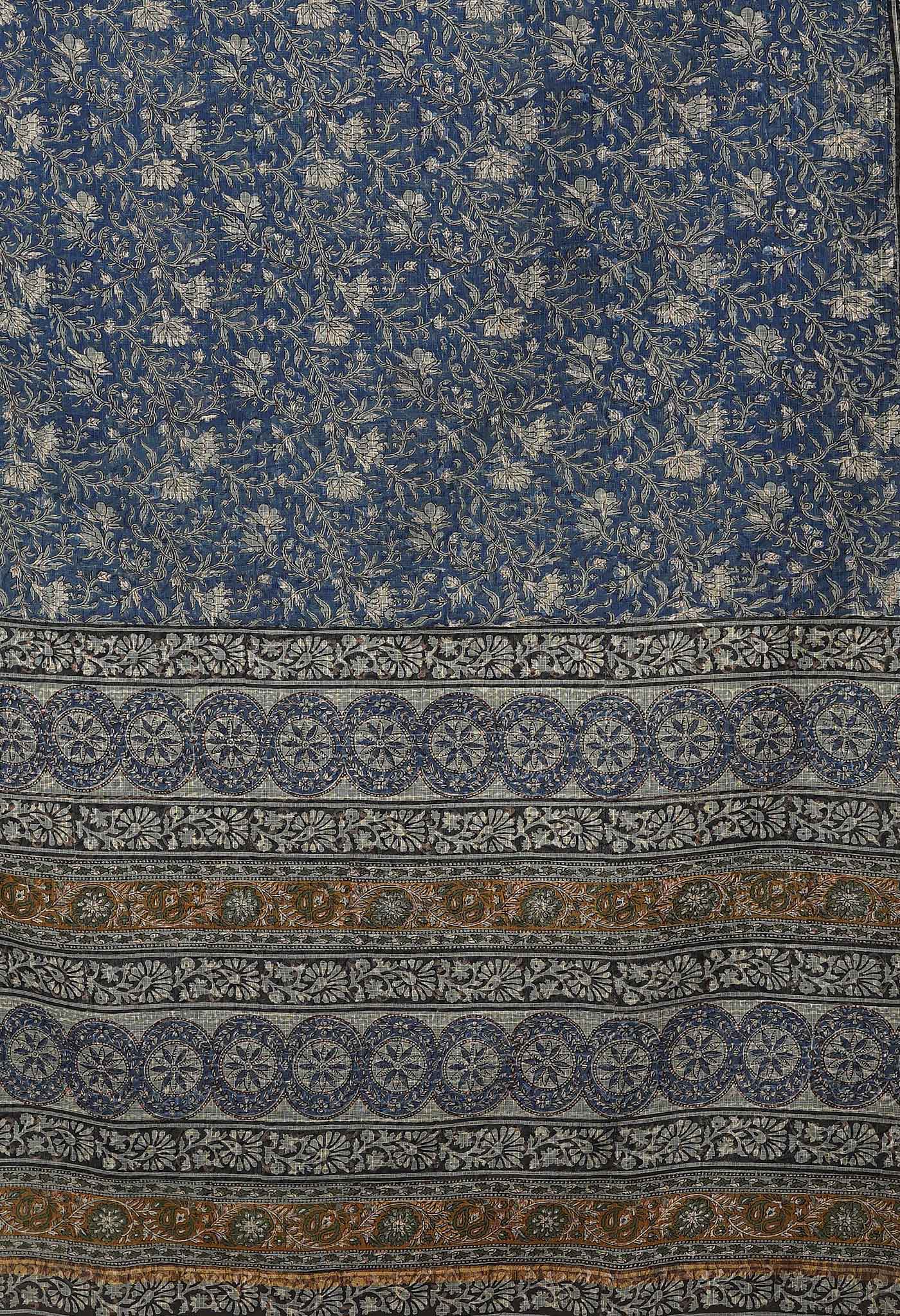 Blue Pure Discharge Bagru Printed Kota Saree-UNM81175