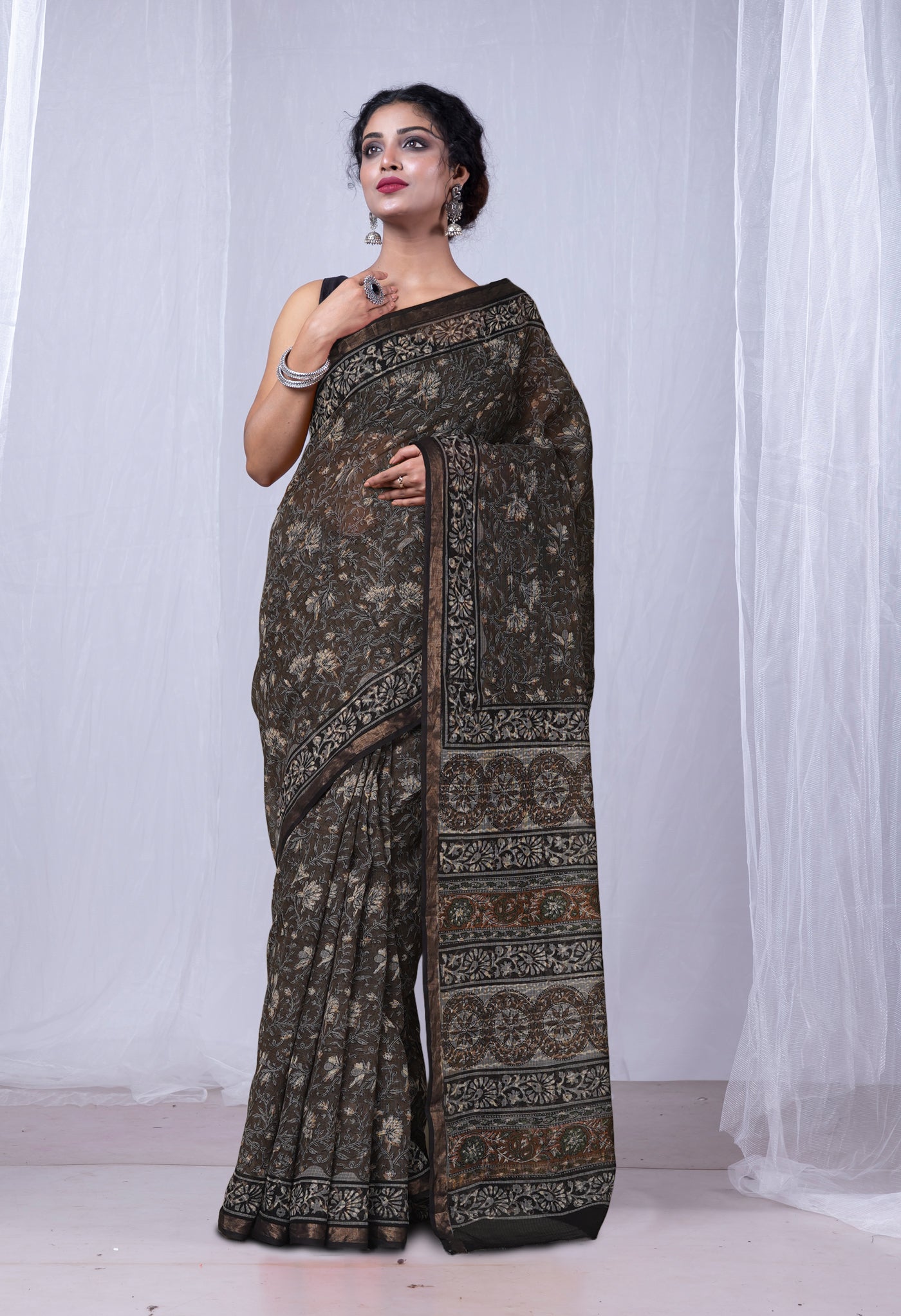 Olive Green Pure Discharge Bagru Printed Kota Saree-UNM81176