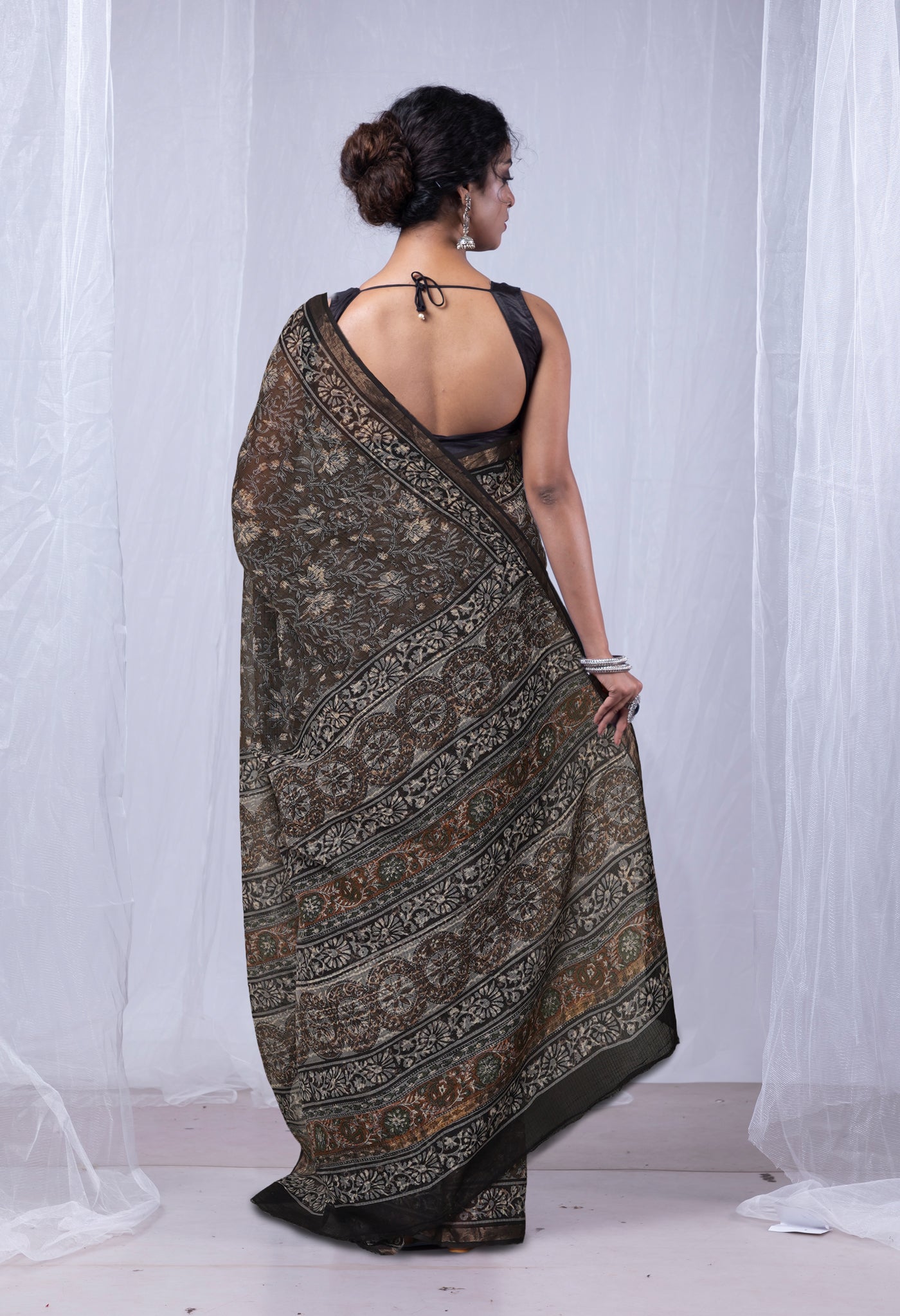 Olive Green Pure Discharge Bagru Printed Kota Saree-UNM81176