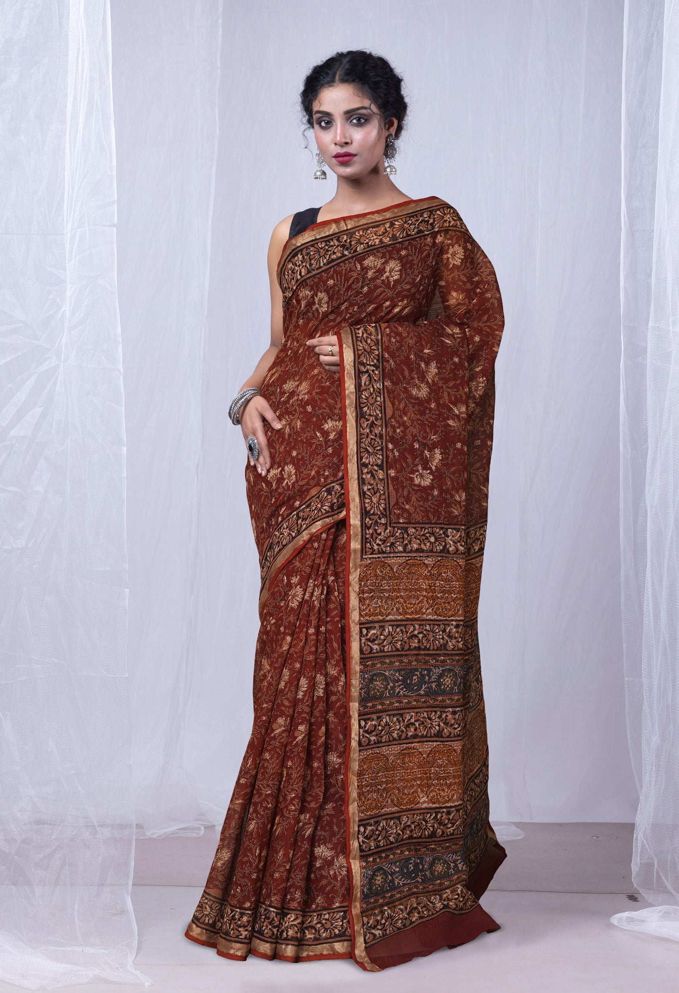 Red Pure Discharge Bagru Printed Kota Saree-UNM81177