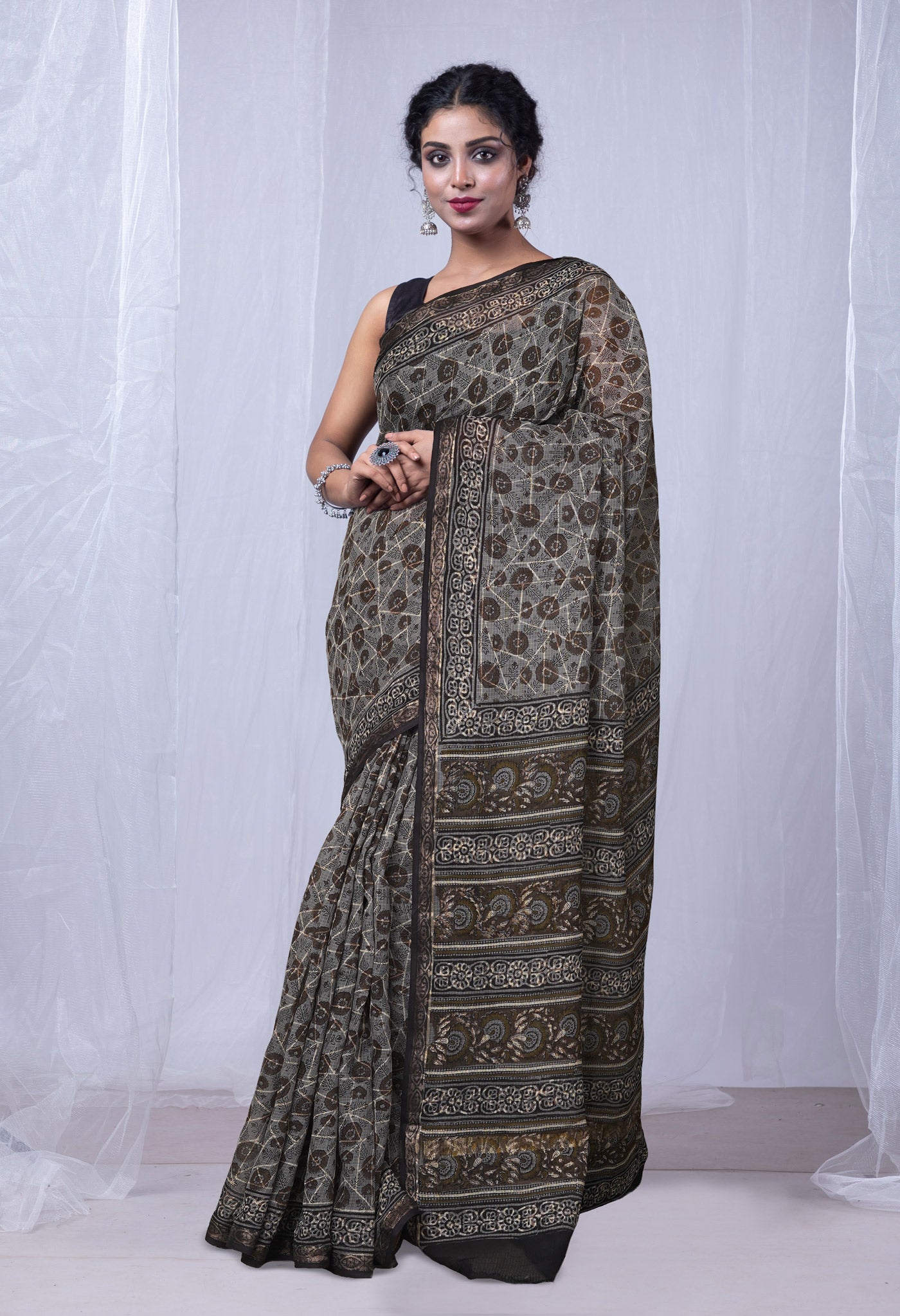 Grey Pure Discharge Bagru Printed Kota Saree-UNM81178