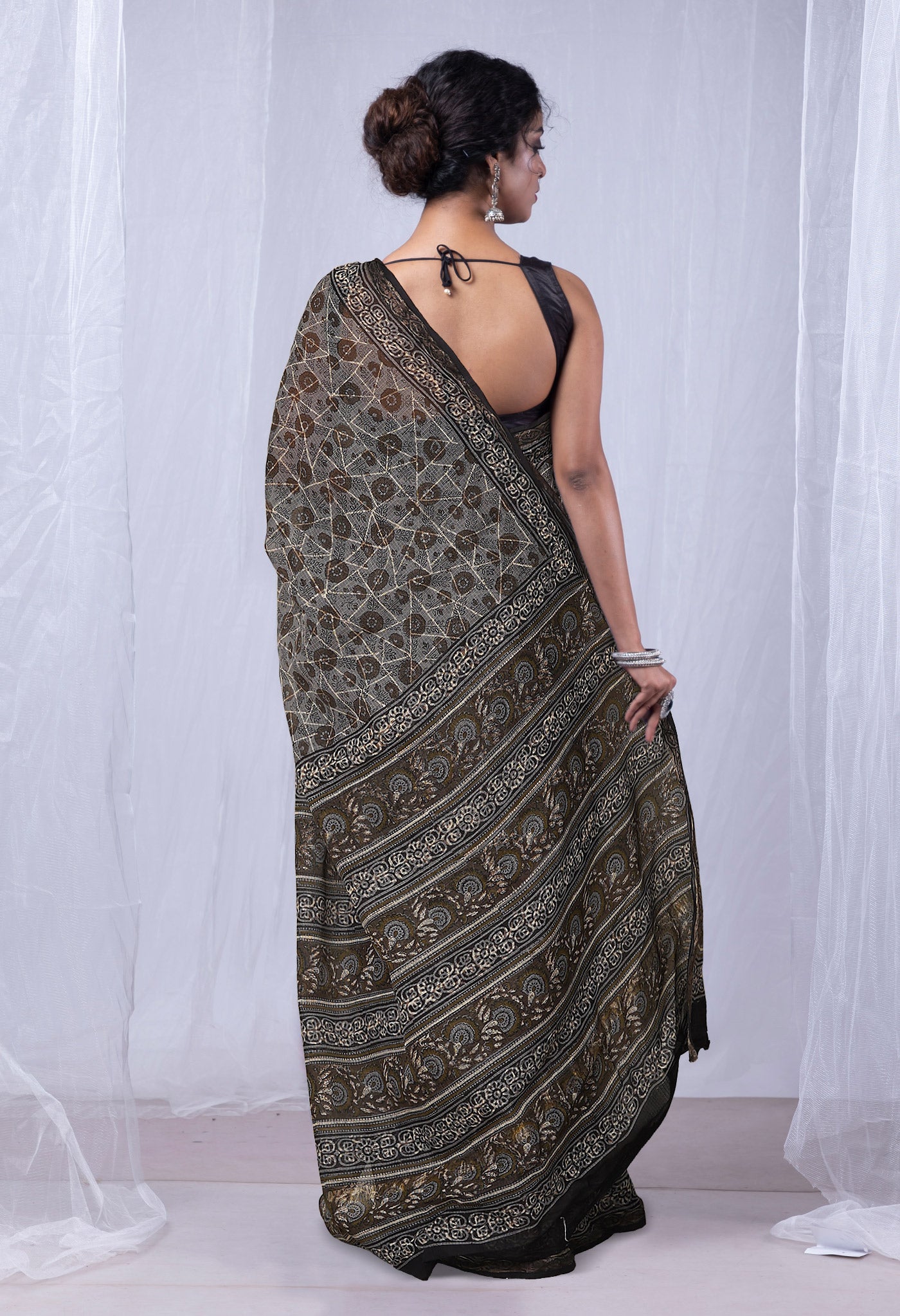 Grey Pure Discharge Bagru Printed Kota Saree-UNM81178