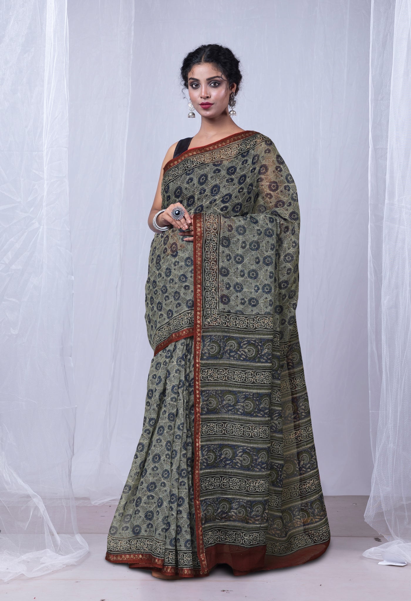 Blue Pure Discharge Bagru Printed Kota Saree-UNM81179