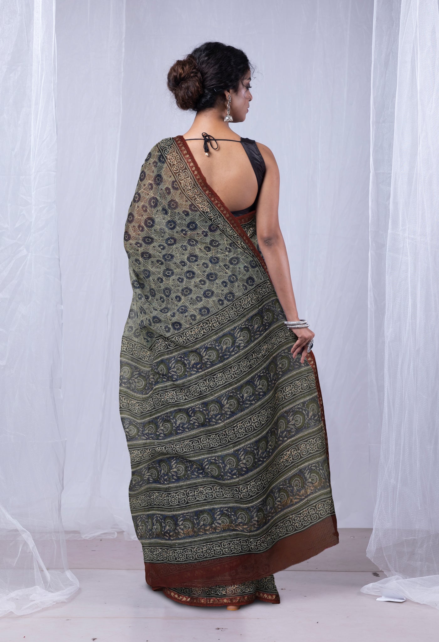 Blue Pure Discharge Bagru Printed Kota Saree-UNM81179