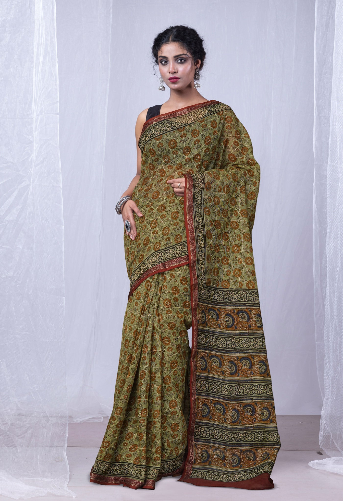 Green Pure Discharge Bagru Printed Kota Saree-UNM81181