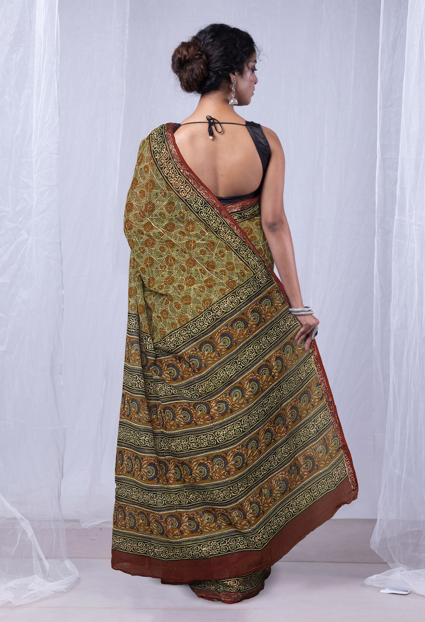 Green Pure Discharge Bagru Printed Kota Saree-UNM81181