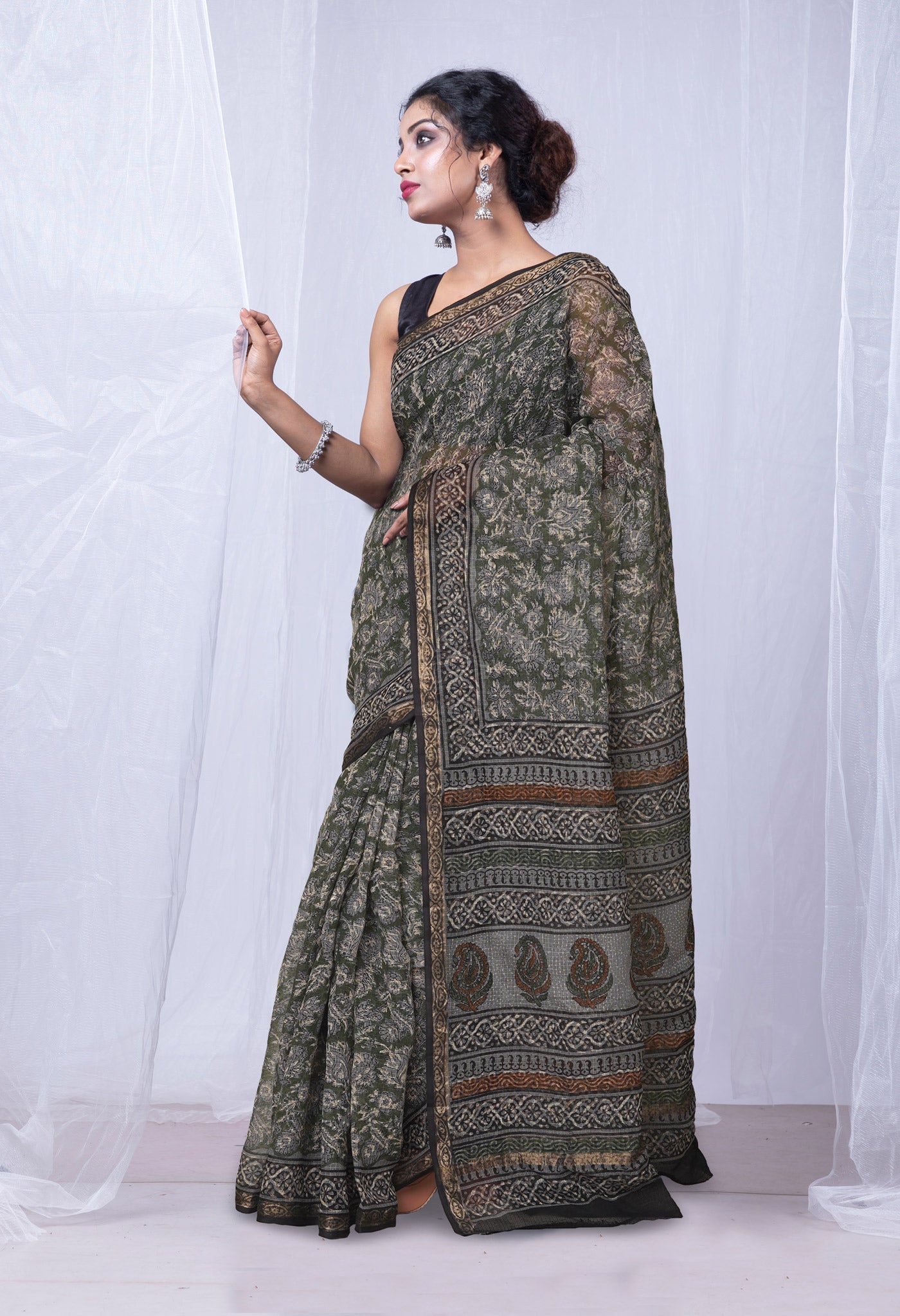 Green Pure Discharge Bagru Printed Kota Saree-UNM81182