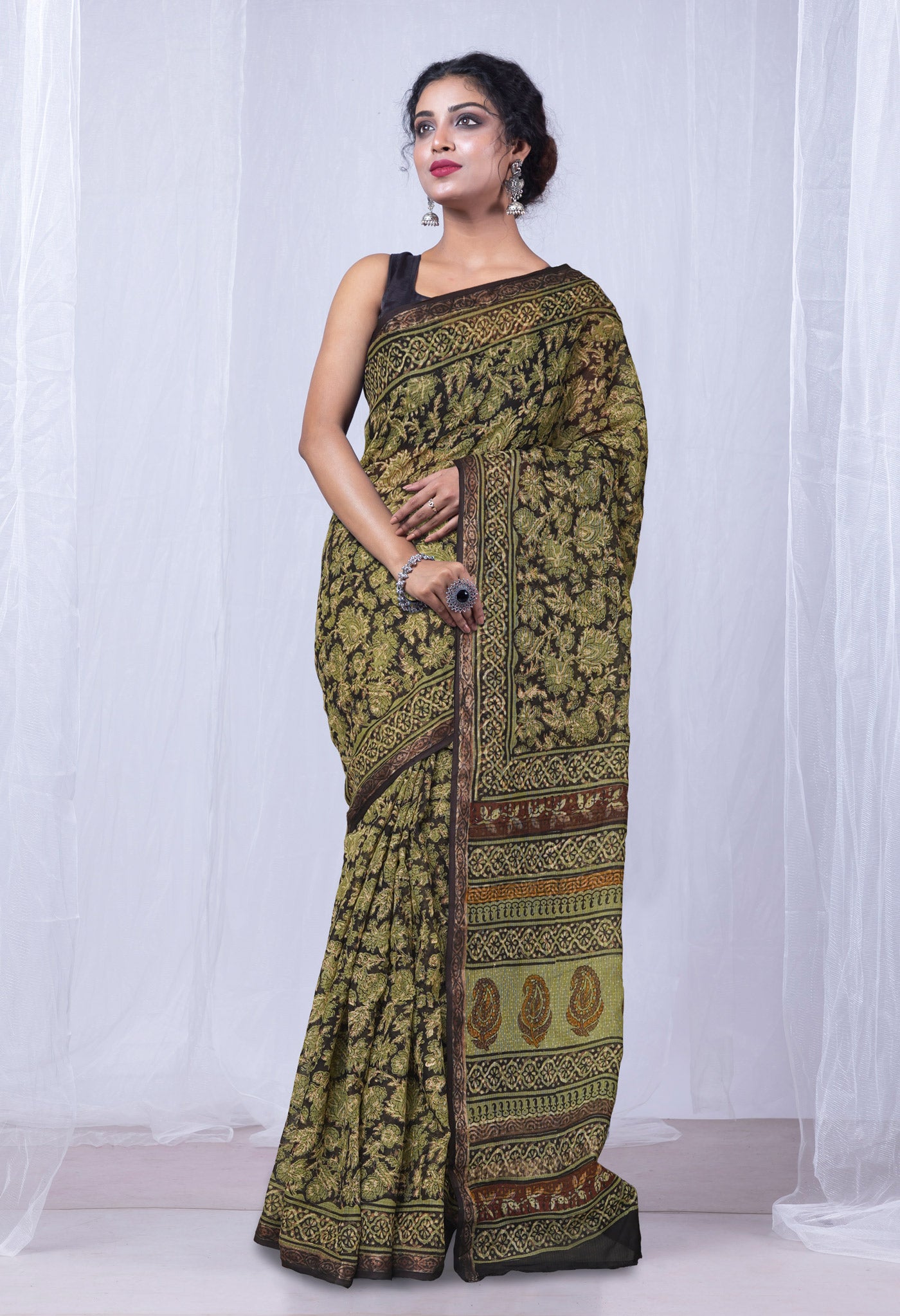 Black Pure Discharge Bagru Printed Kota Saree-UNM81183