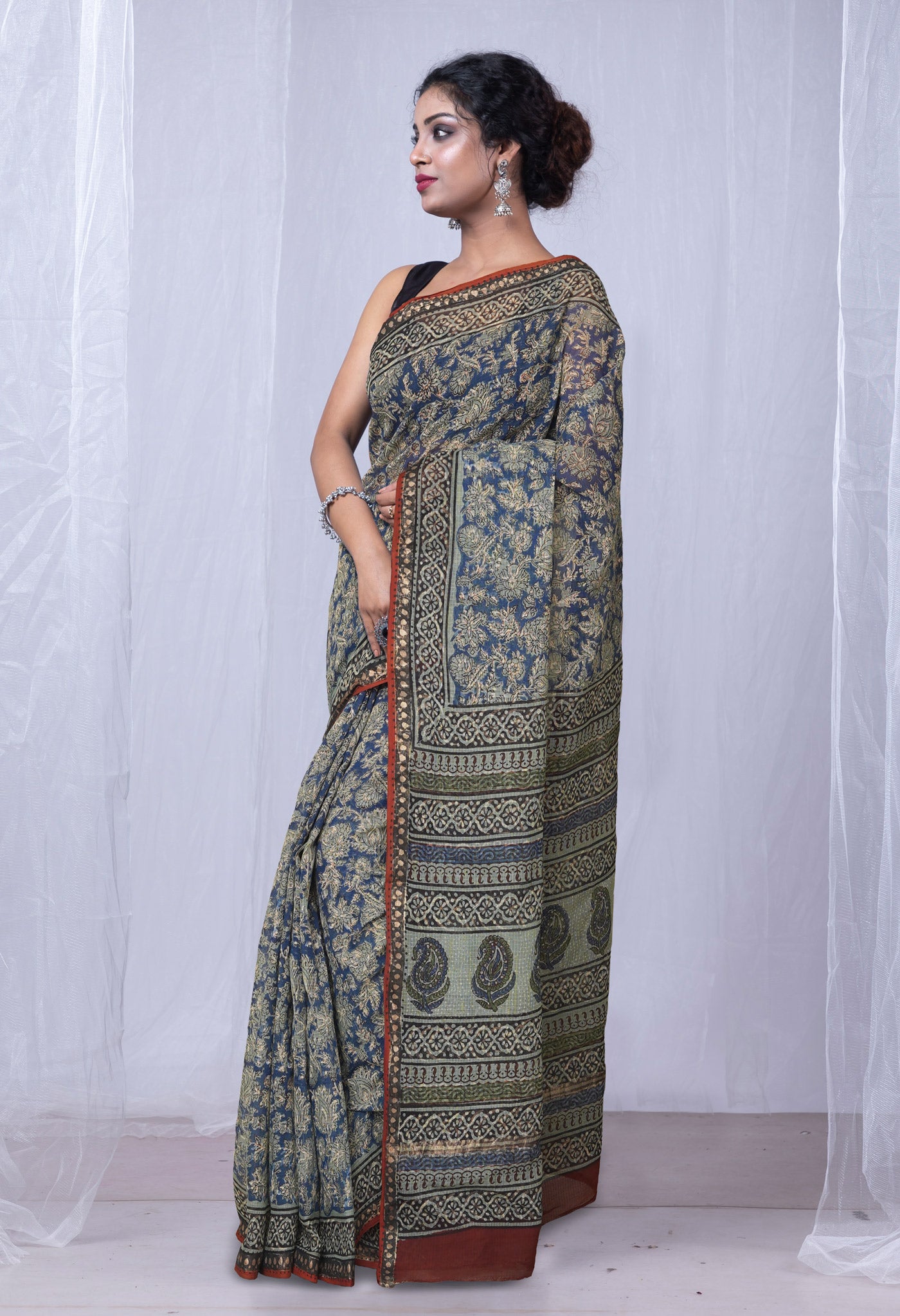 Blue Pure Discharge Bagru Printed Kota Saree-UNM81184