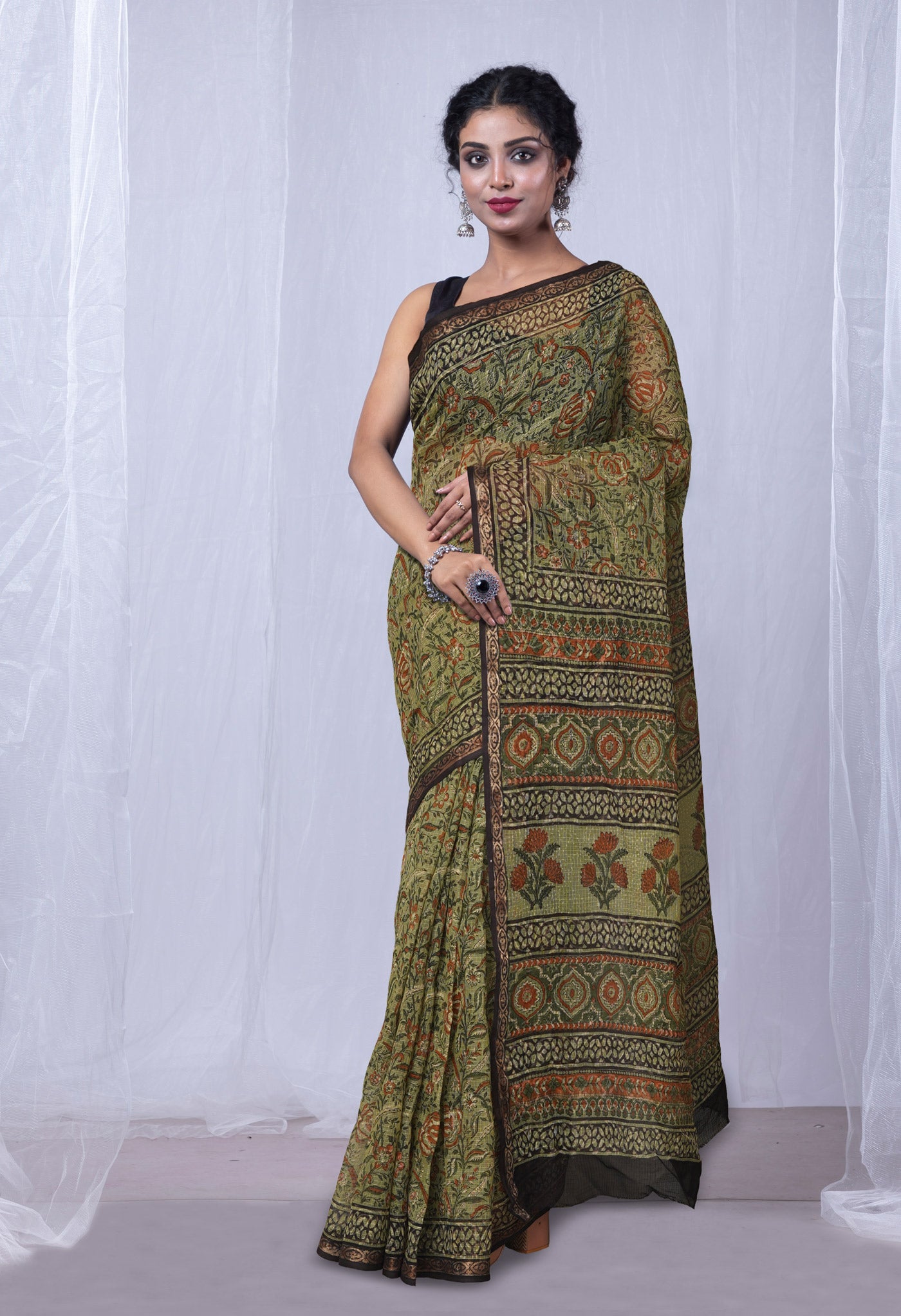 Green Pure Discharge Bagru Printed Kota Saree-UNM81186