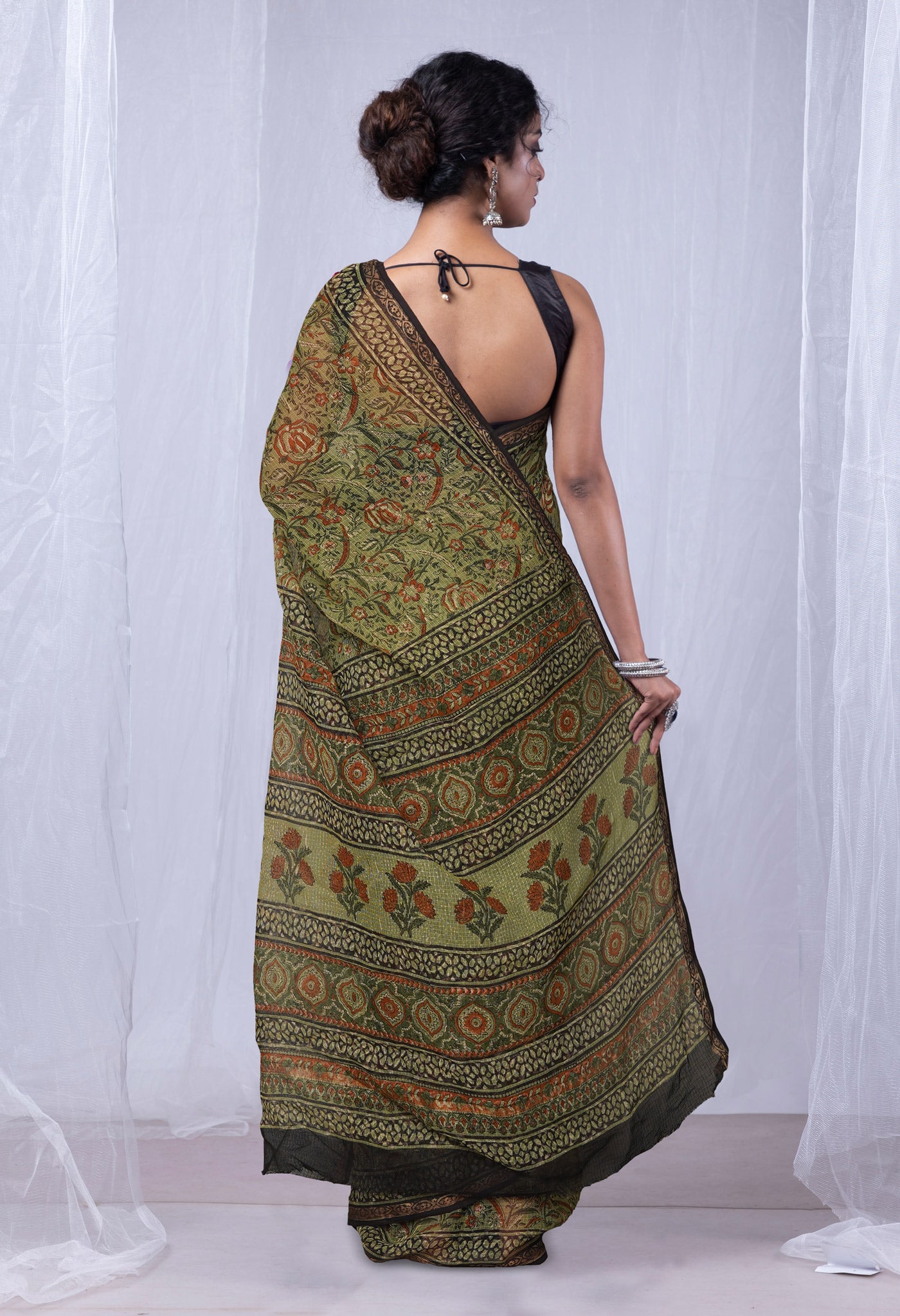 Green Pure Discharge Bagru Printed Kota Saree-UNM81186