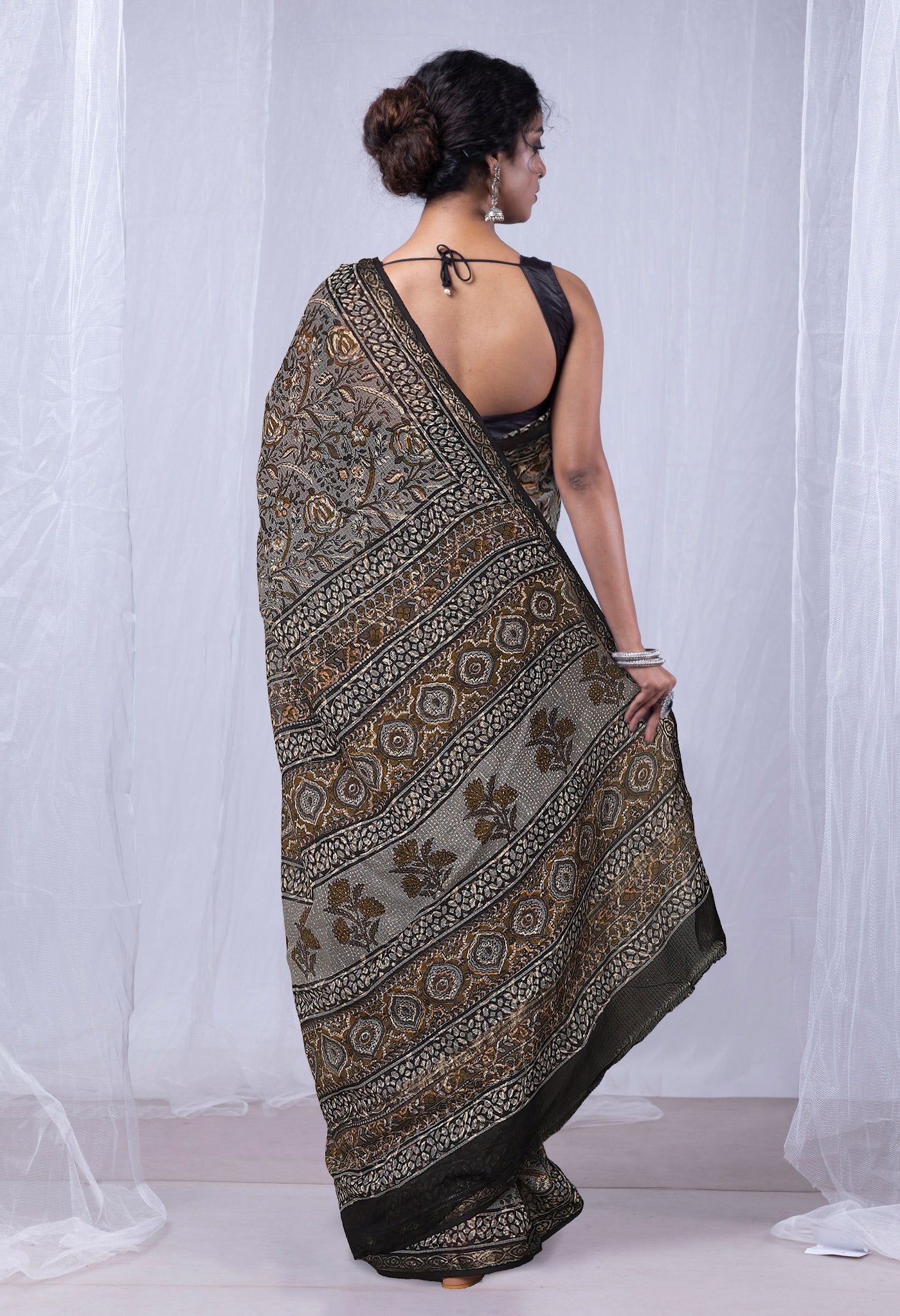 Grey Pure Discharge Bagru Printed Kota Saree-UNM81189