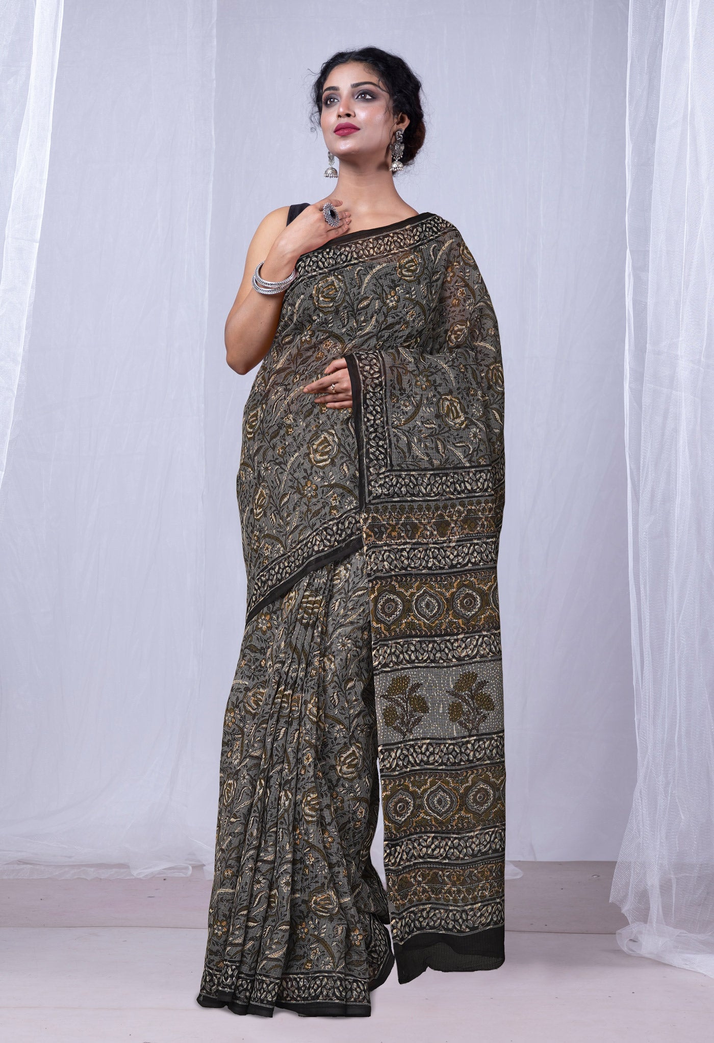 Grey Pure Discharge Bagru Printed Kota Saree-UNM81192