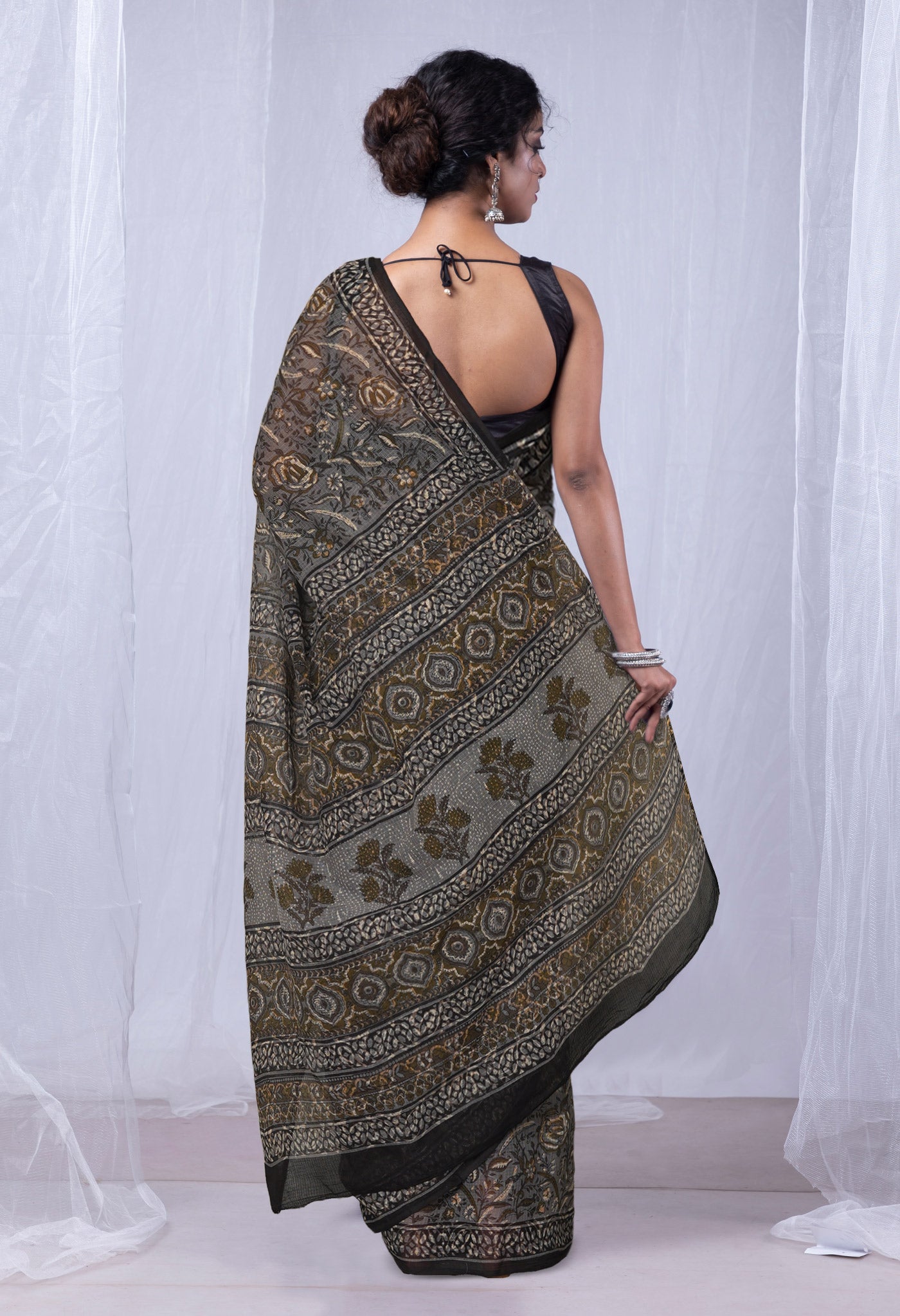 Grey Pure Discharge Bagru Printed Kota Saree-UNM81192