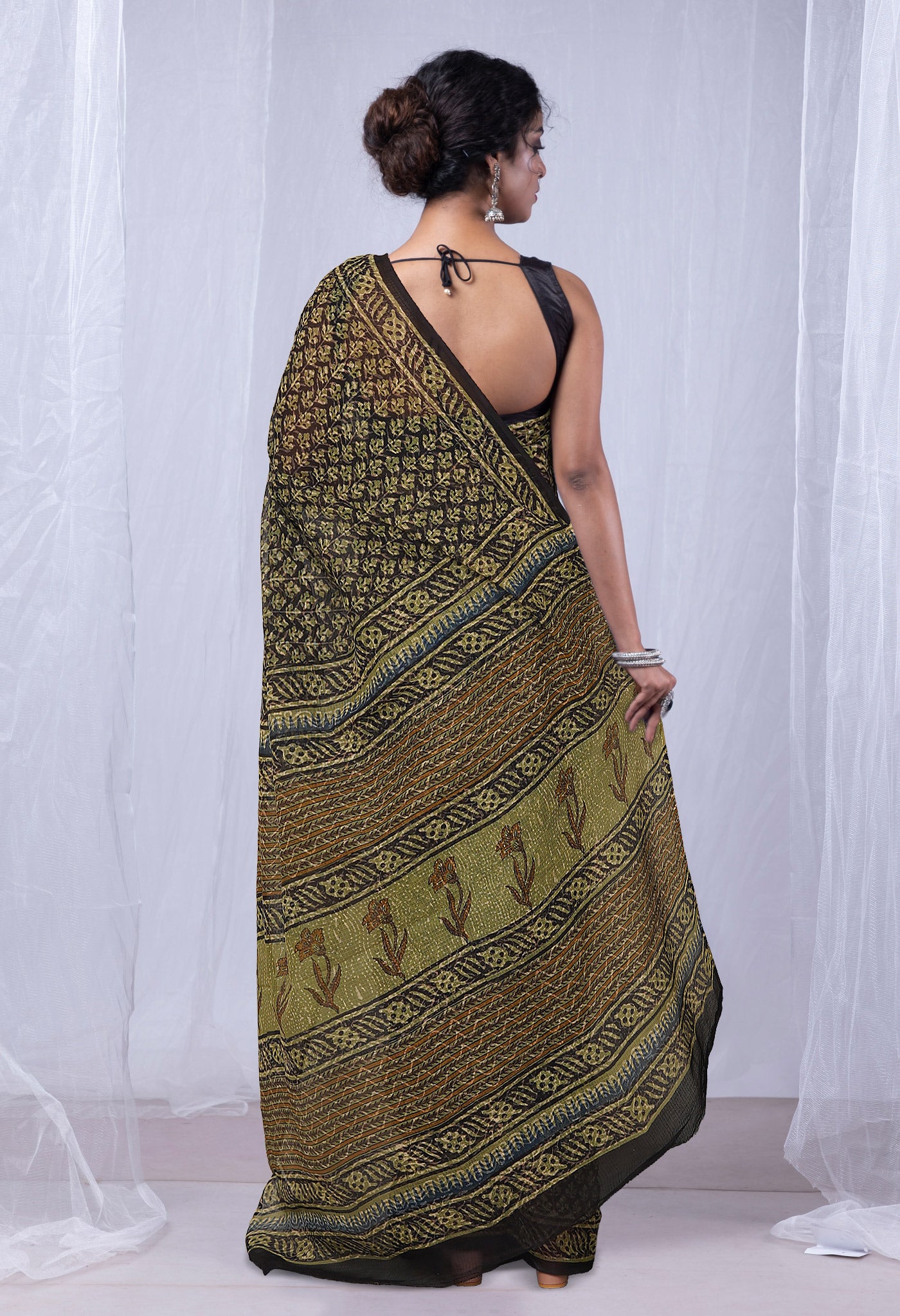 Black Pure Discharge Bagru Printed Kota Saree-UNM81193