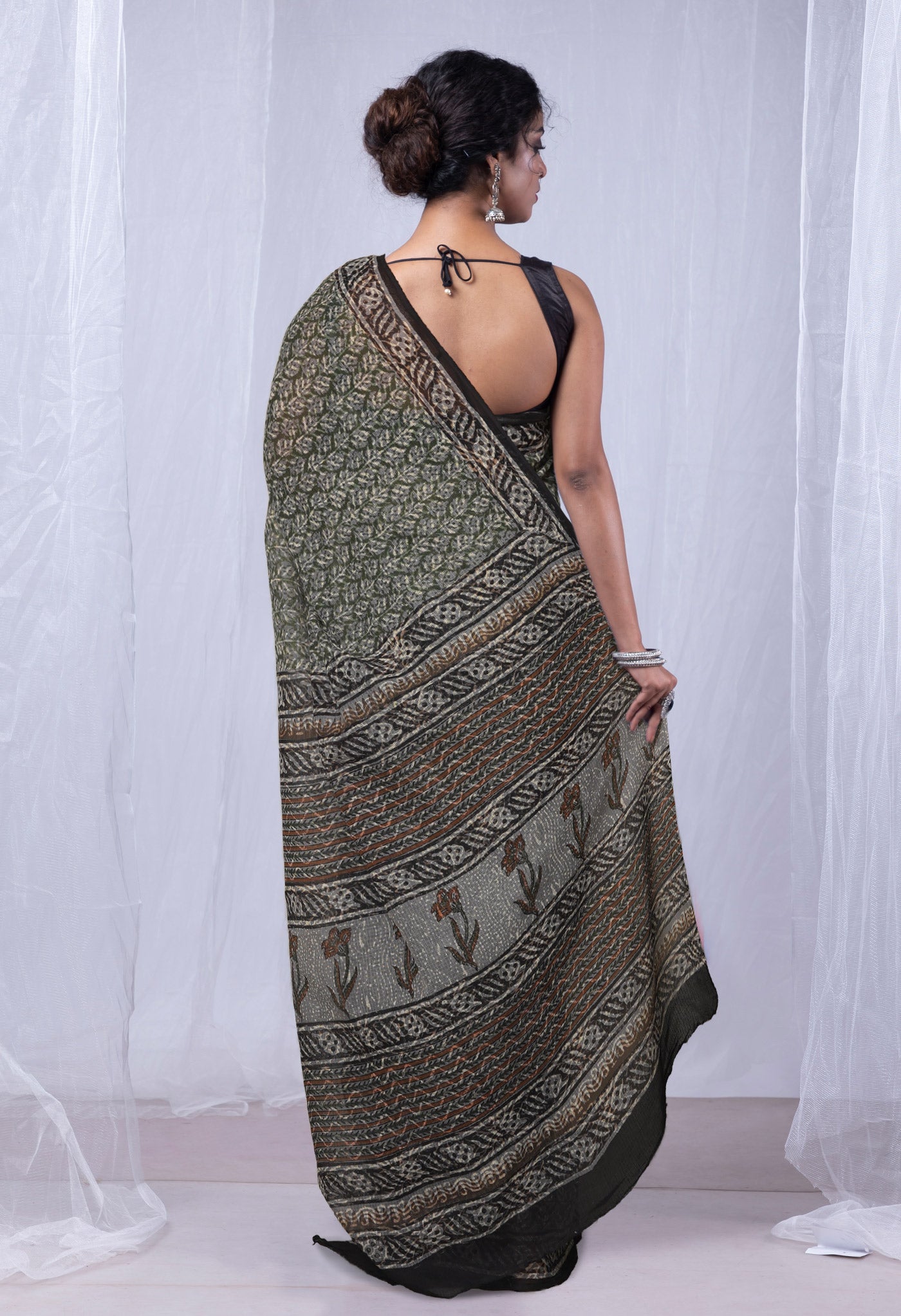 Green Pure Discharge Bagru Printed Kota Saree-UNM81194