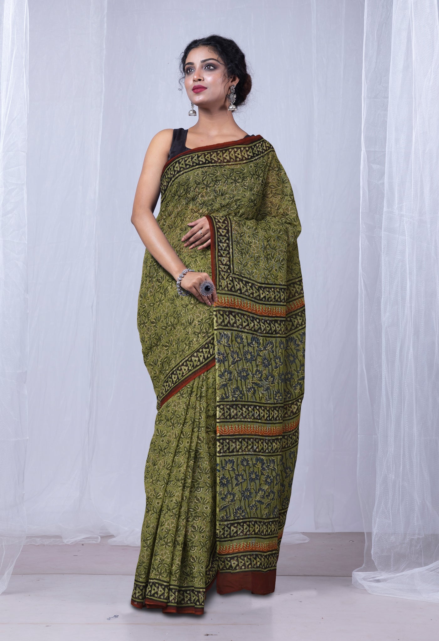 Green Pure Discharge Bagru Printed Kota Saree-UNM81197