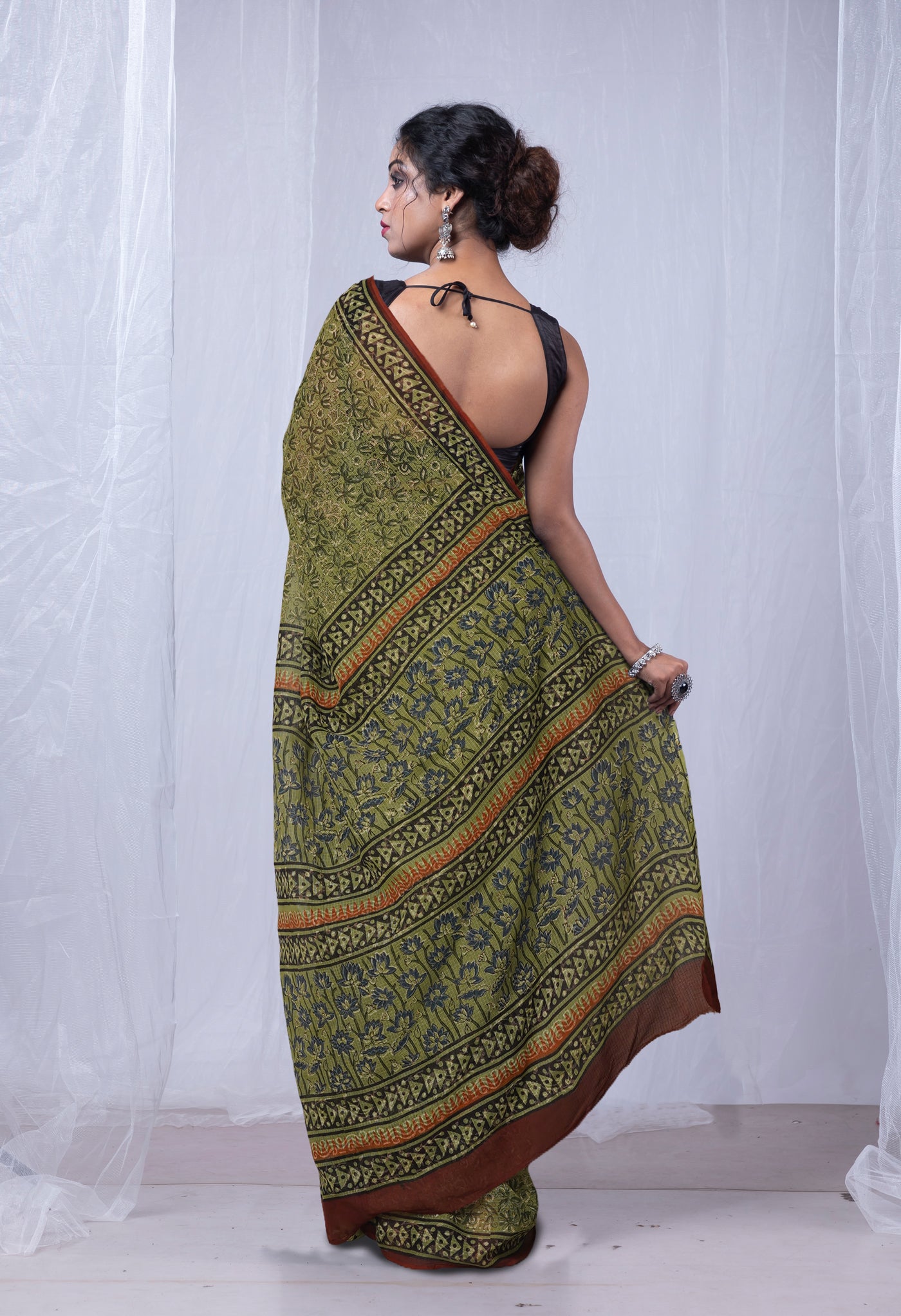 Green Pure Discharge Bagru Printed Kota Saree-UNM81197