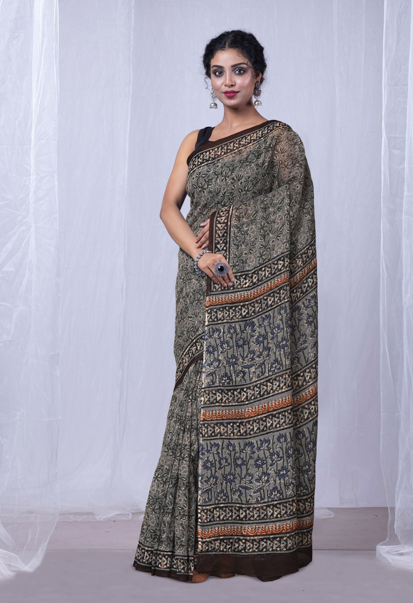 Grey Pure Discharge Bagru Printed Kota Saree-UNM81200