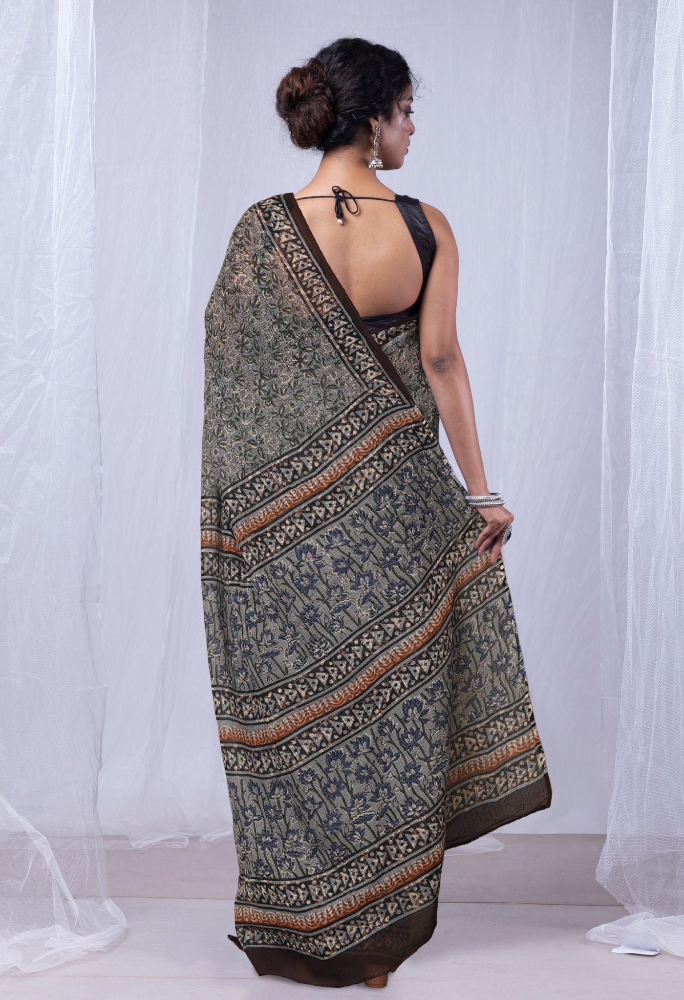 Grey Pure Discharge Bagru Printed Kota Saree-UNM81200