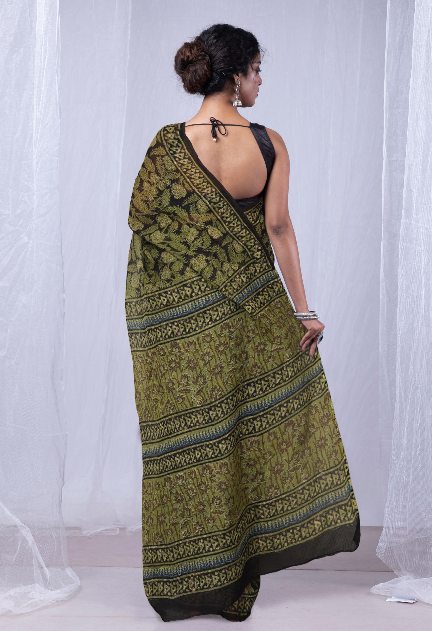 Black Pure Discharge Bagru Printed Kota Saree-UNM81201