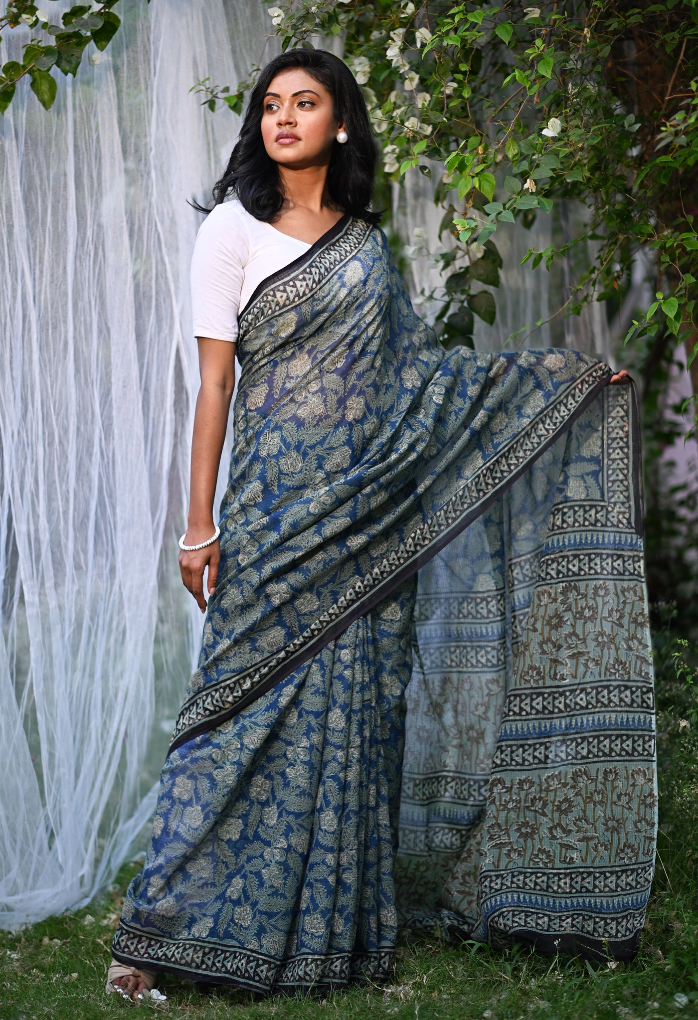 Blue Pure Discharge Bagru Printed Kota Saree-UNM81203