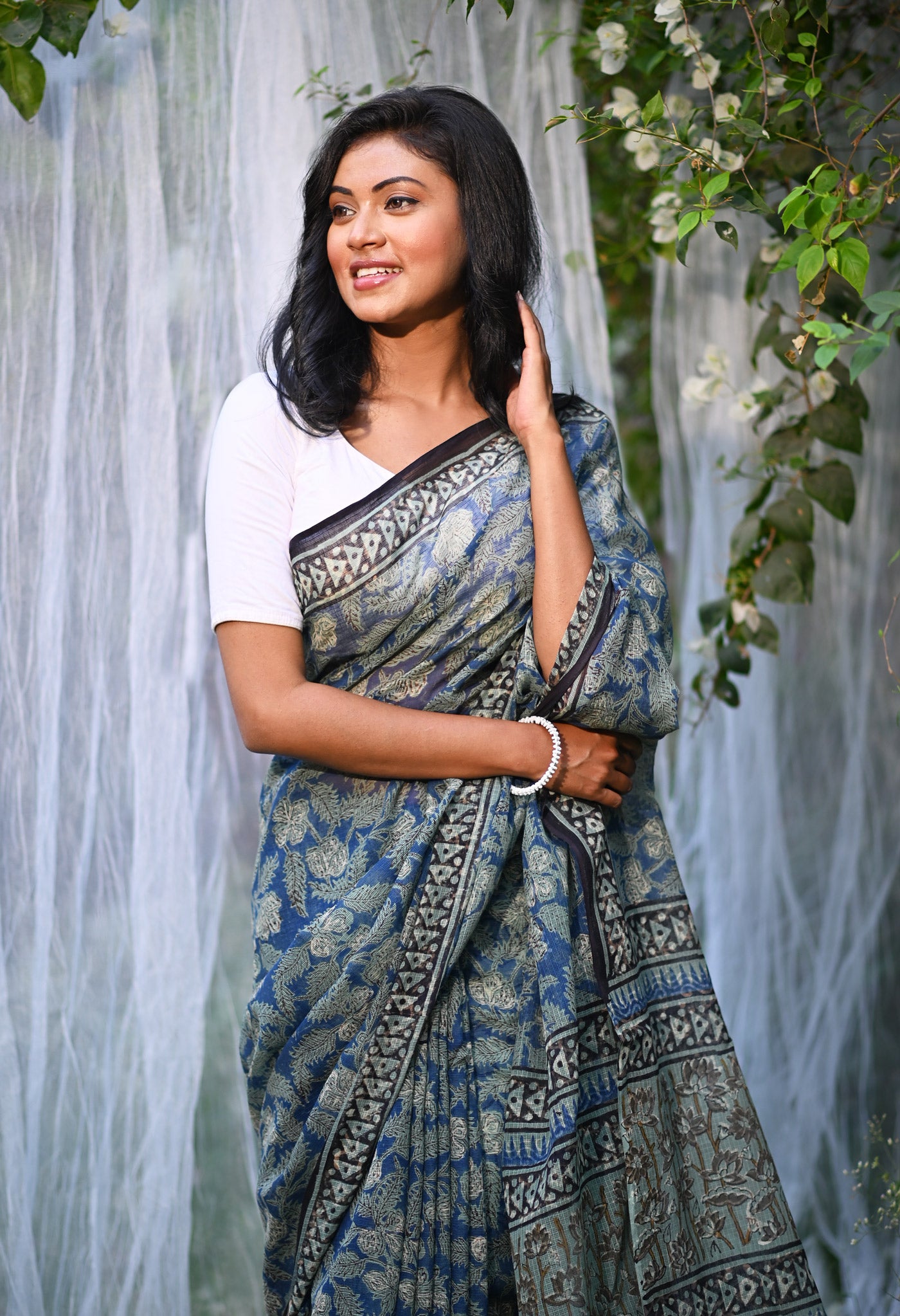 Blue Pure Discharge Bagru Printed Kota Saree-UNM81203