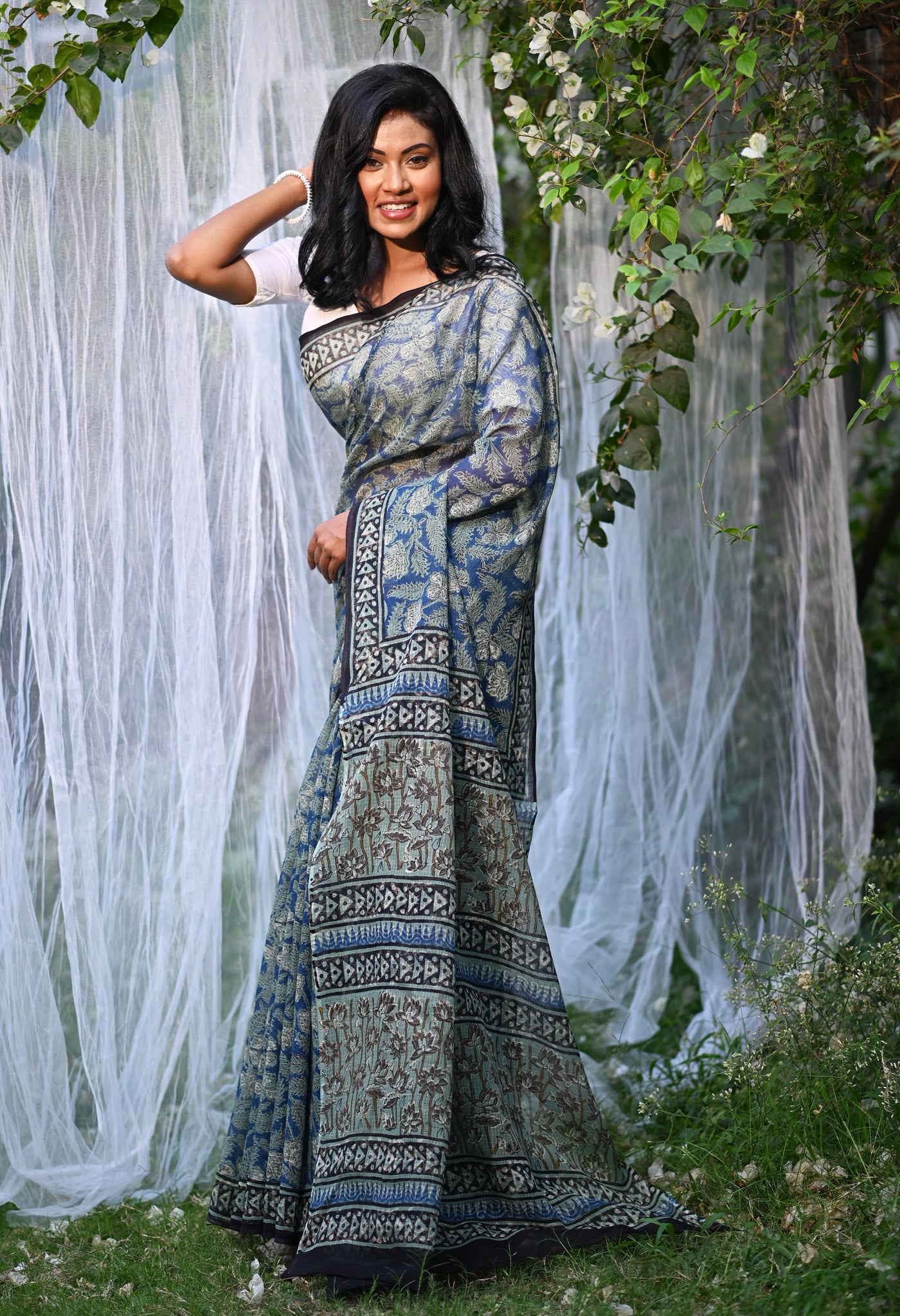 Blue Pure Discharge Bagru Printed Kota Saree-UNM81203