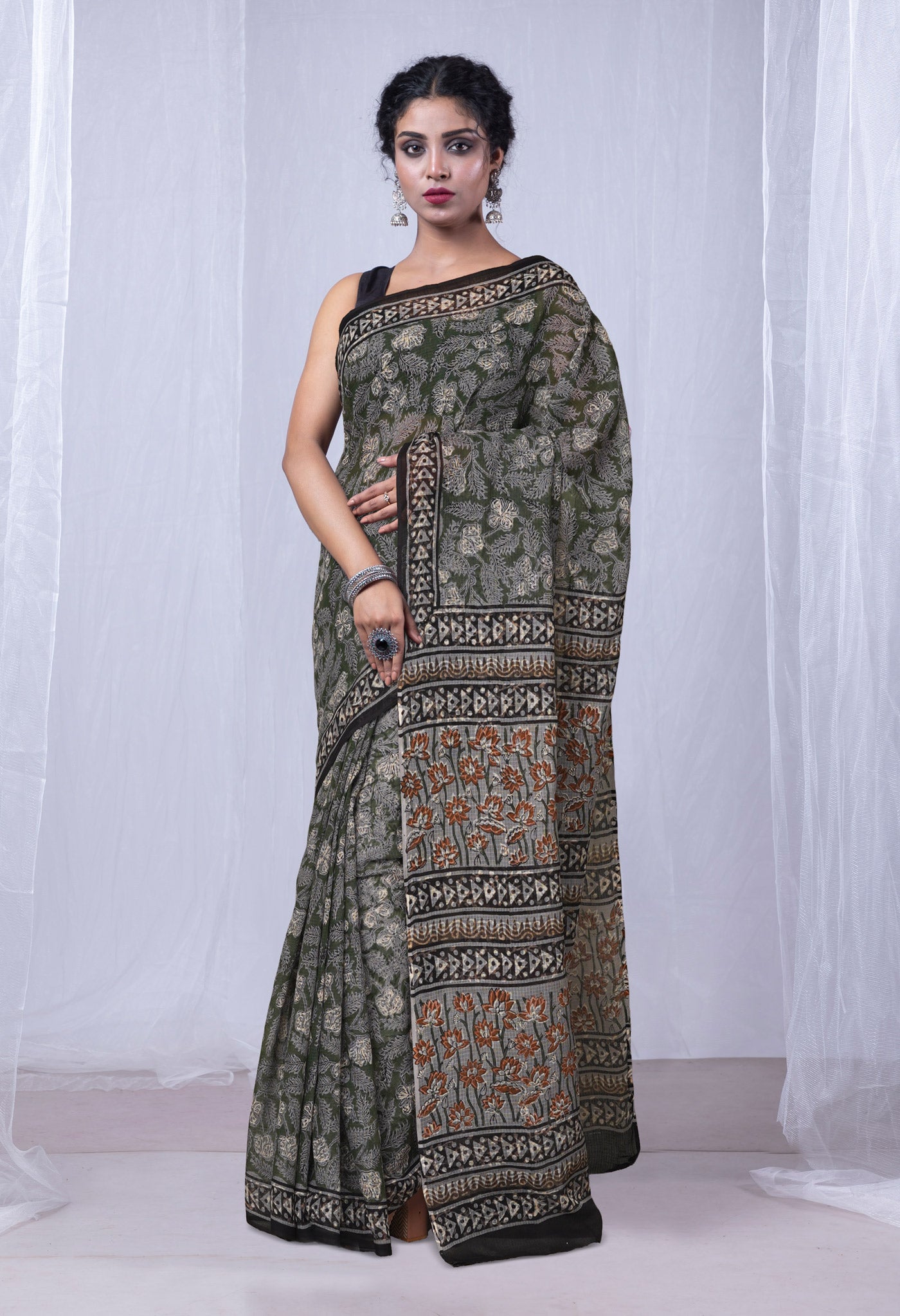 Green Pure Discharge Bagru Printed Kota Saree-UNM81204