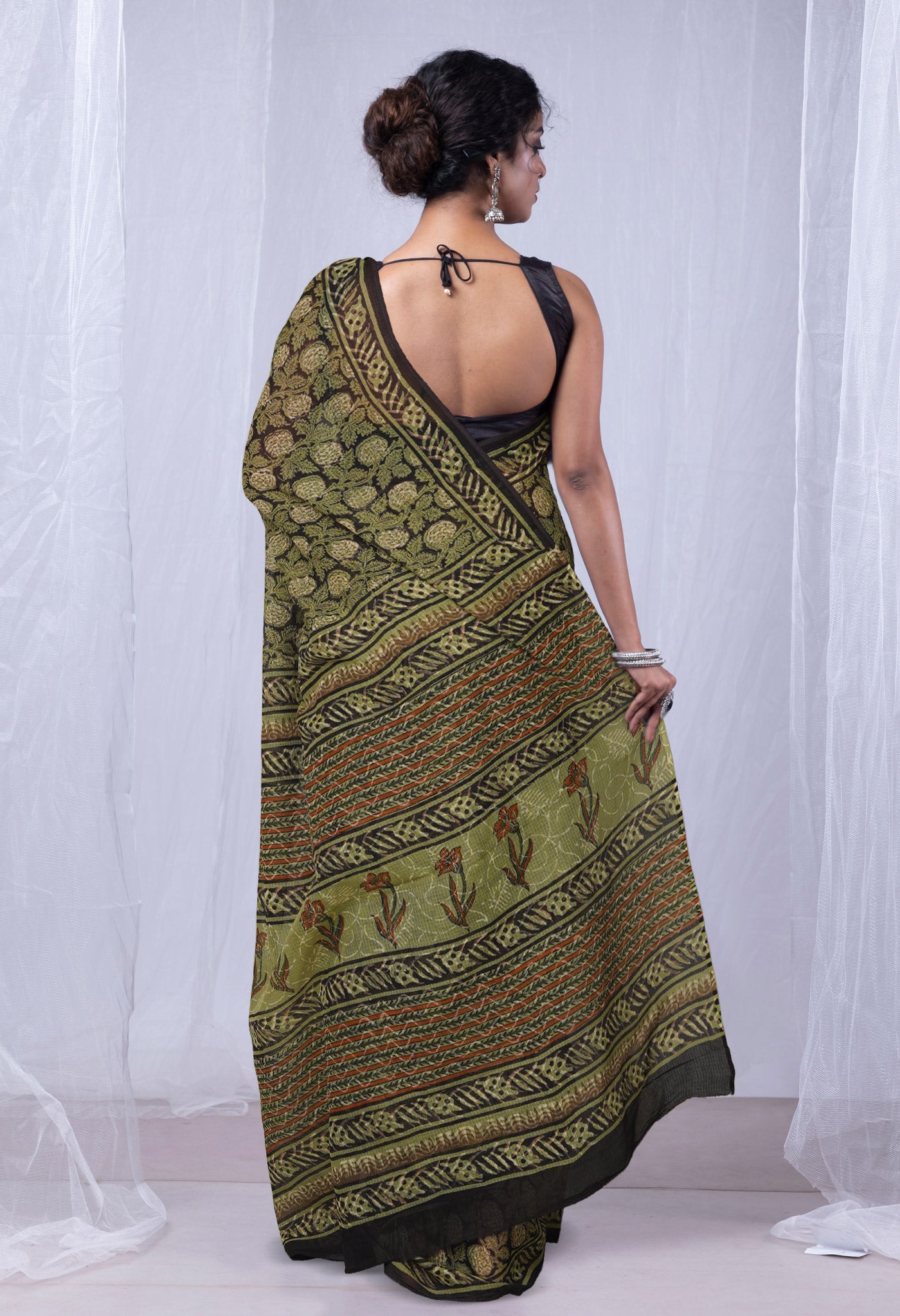 Black Pure Discharge Bagru Printed Kota Saree-UNM81205