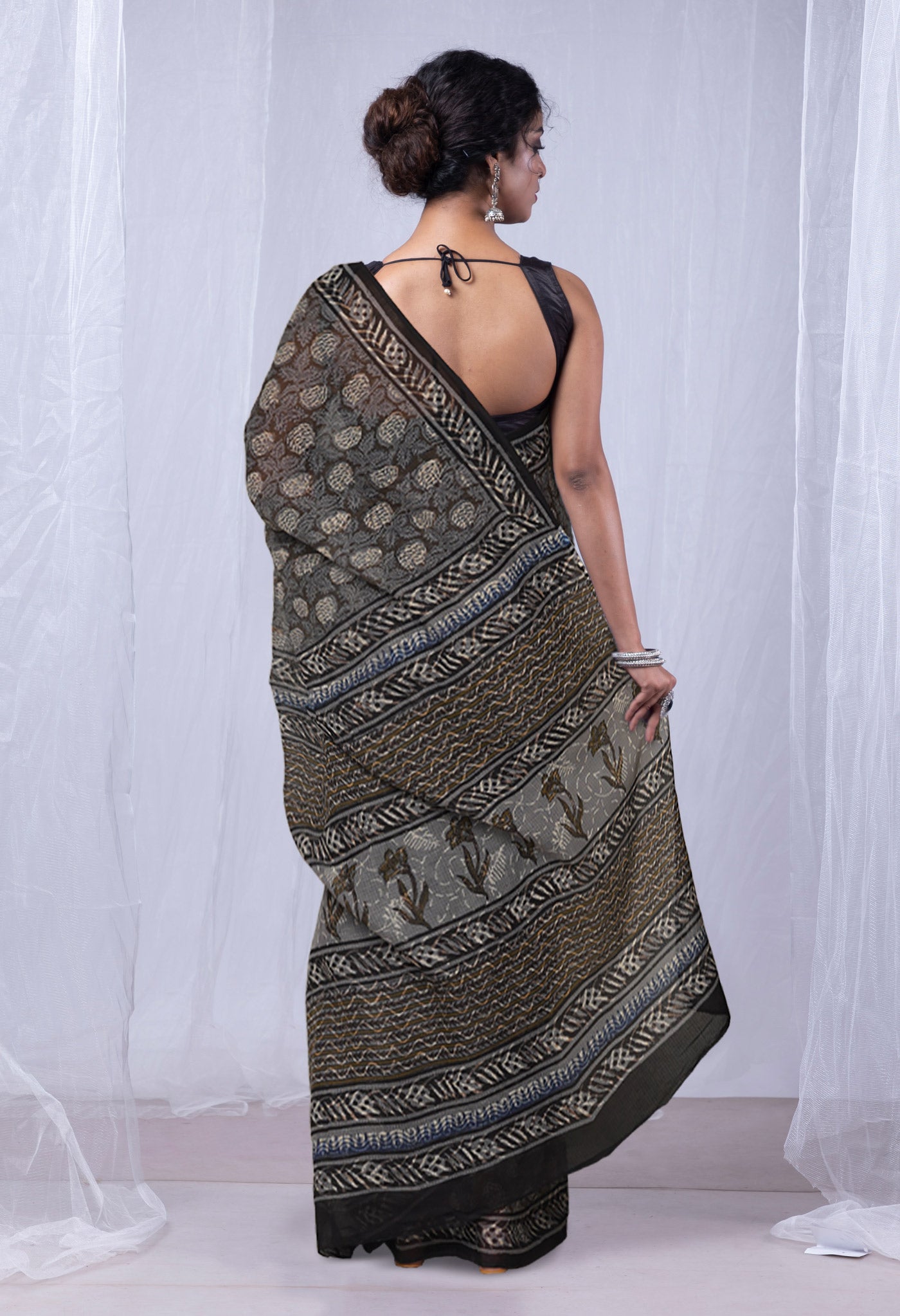 Olive Green Pure Discharge Bagru Printed Kota Saree-UNM81206