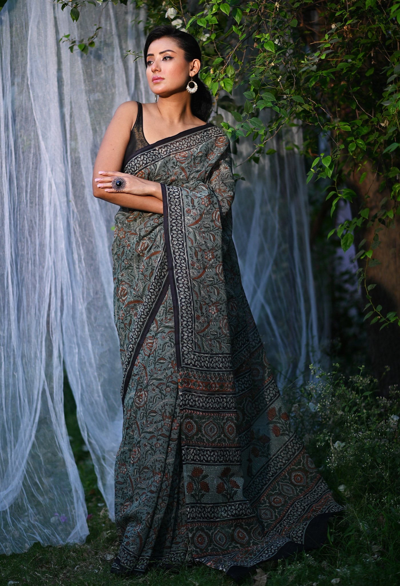 Green Pure Discharge Bagru Printed Kota Saree-UNM81210