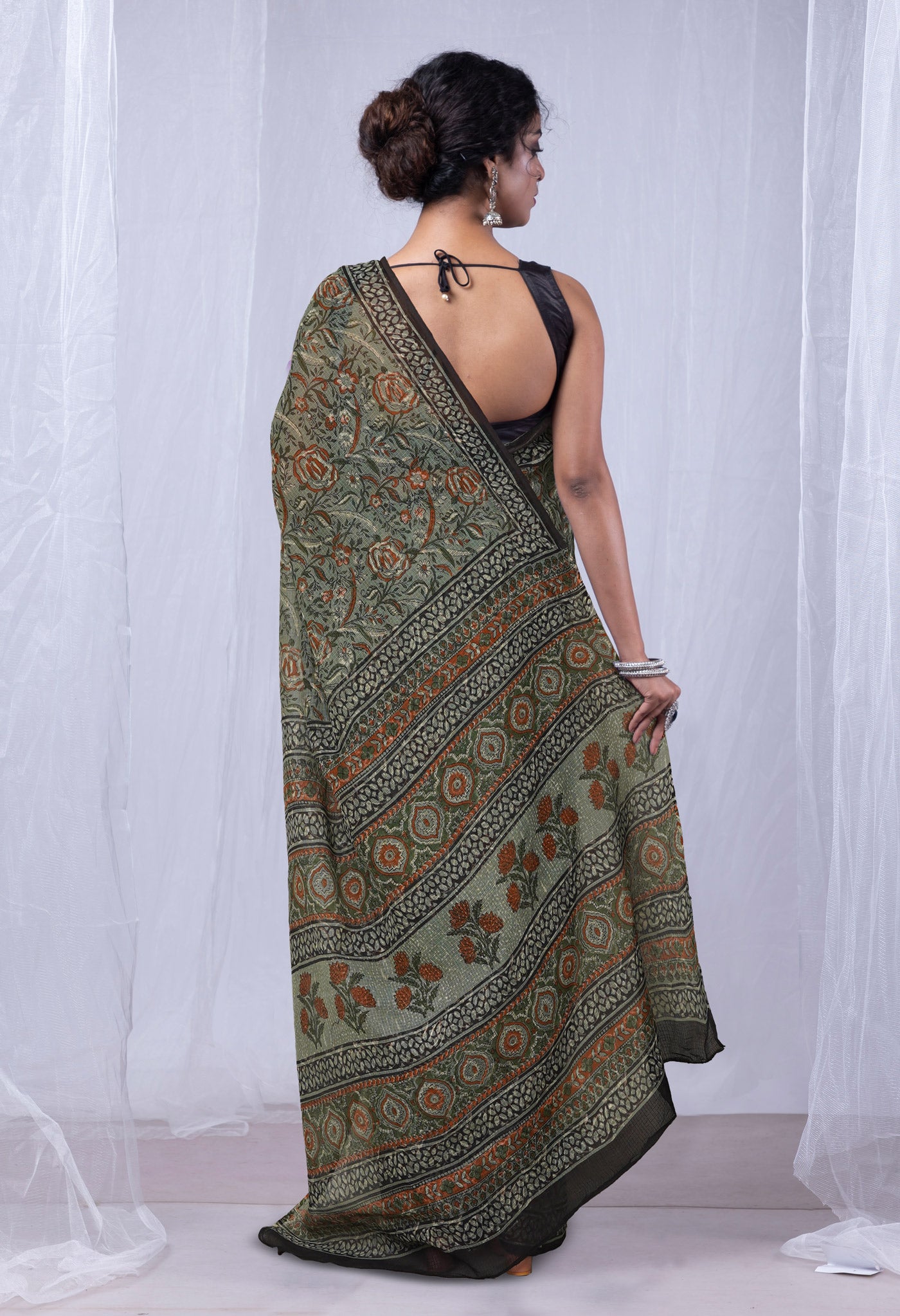 Green Pure Discharge Bagru Printed Kota Saree-UNM81210