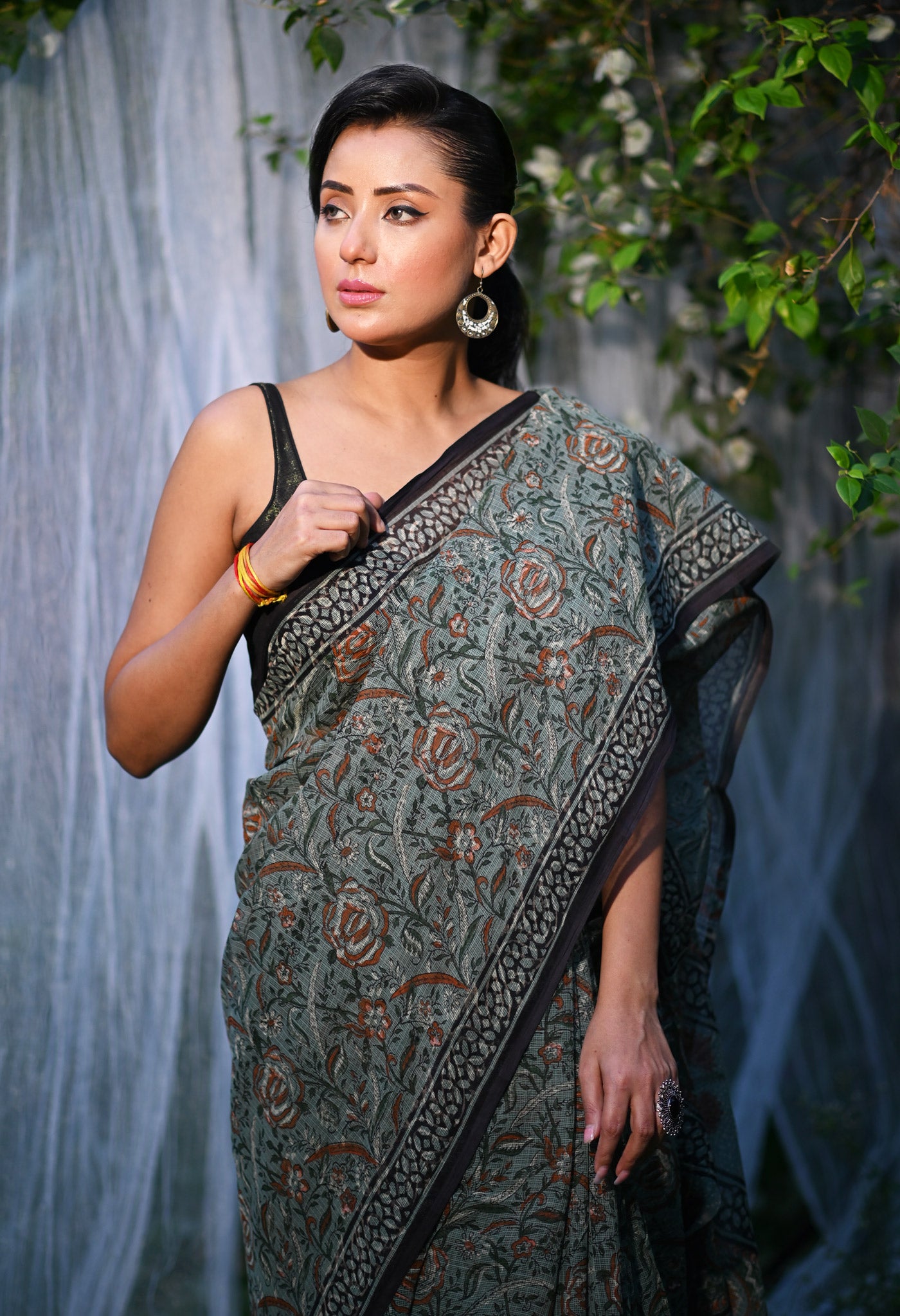 Green Pure Discharge Bagru Printed Kota Saree-UNM81210