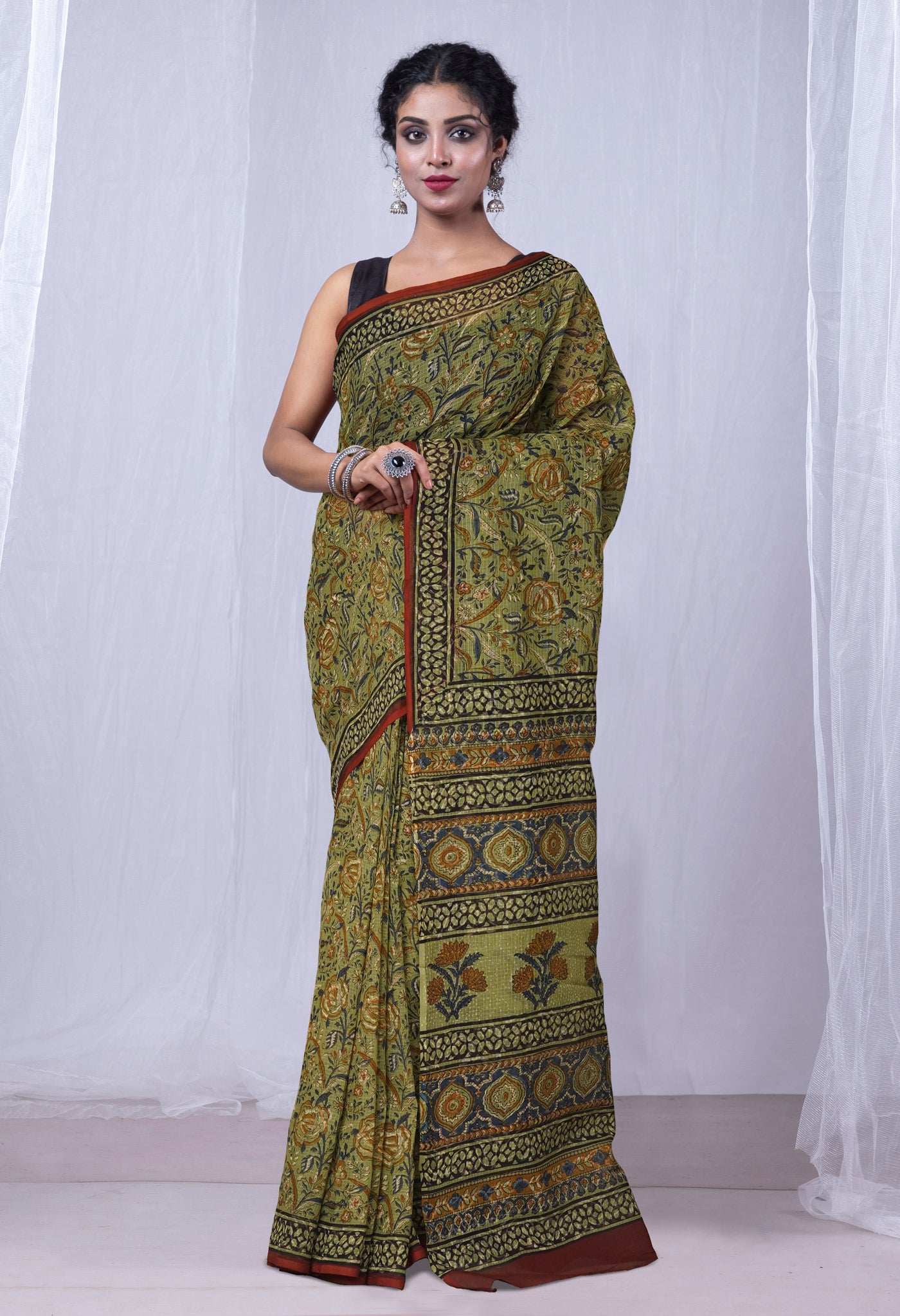 Green Pure Discharge Bagru Printed Kota Saree-UNM81211