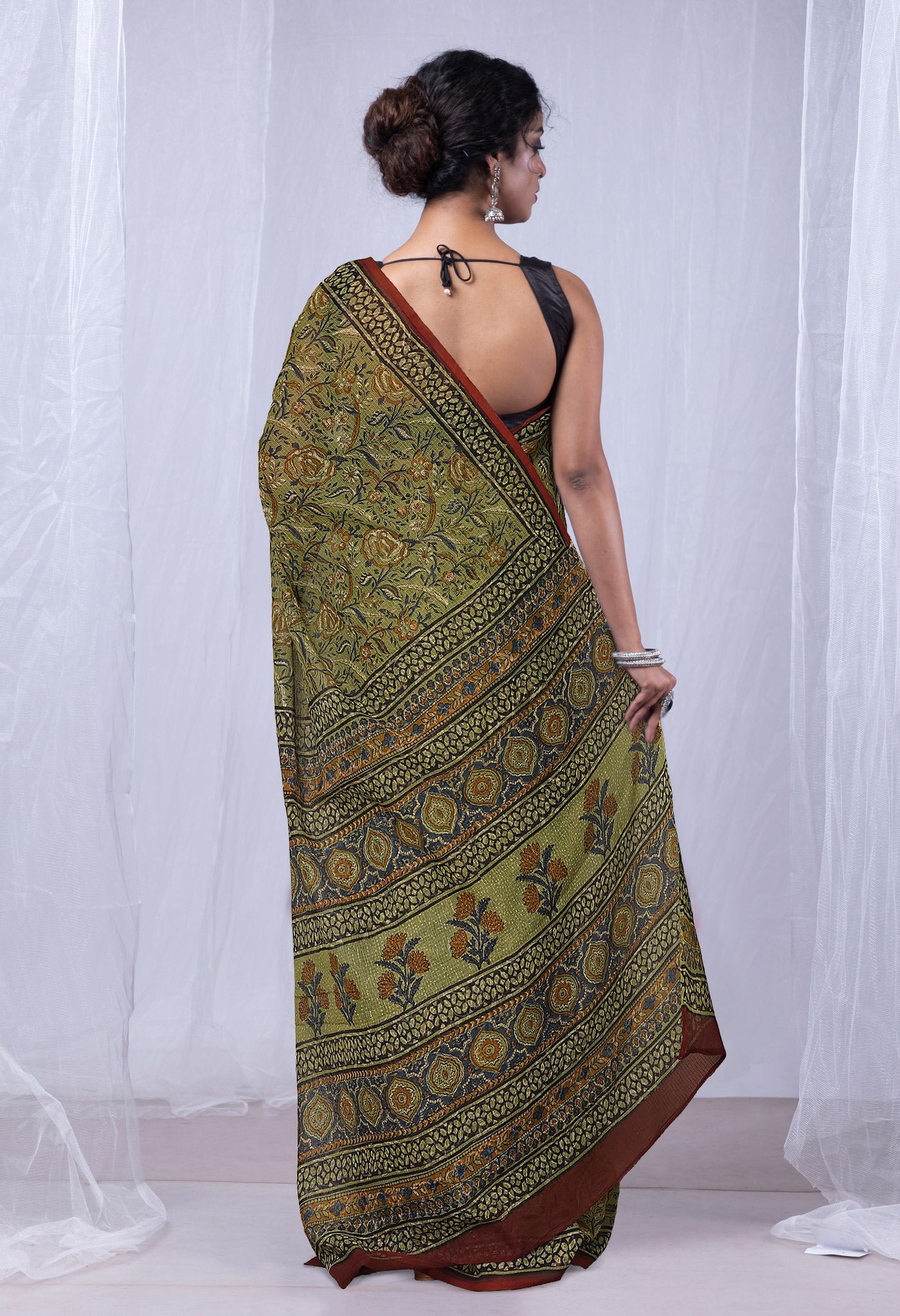 Green Pure Discharge Bagru Printed Kota Saree-UNM81211