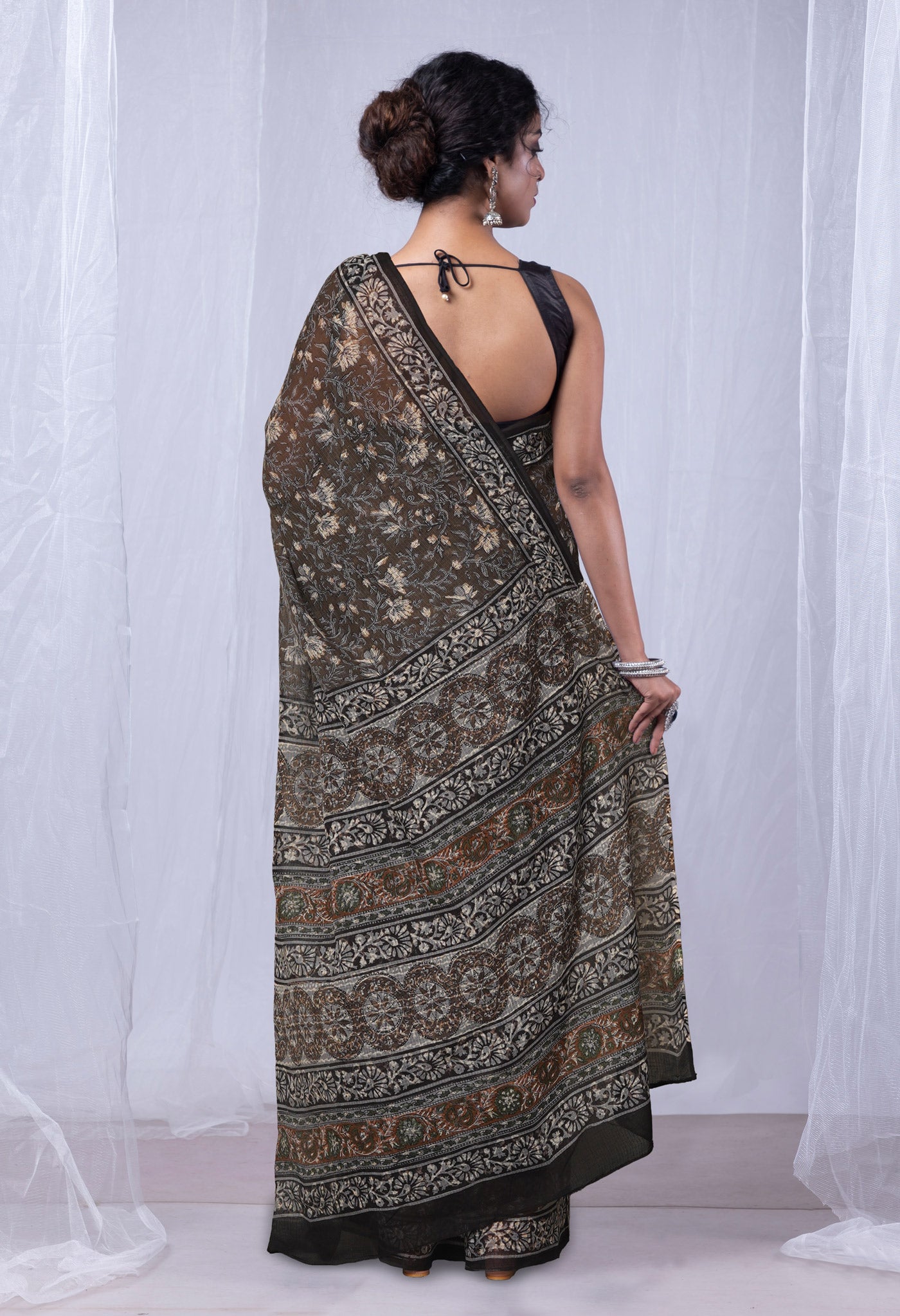 Olive Green Pure Discharge Bagru Printed Kota Saree-UNM81213