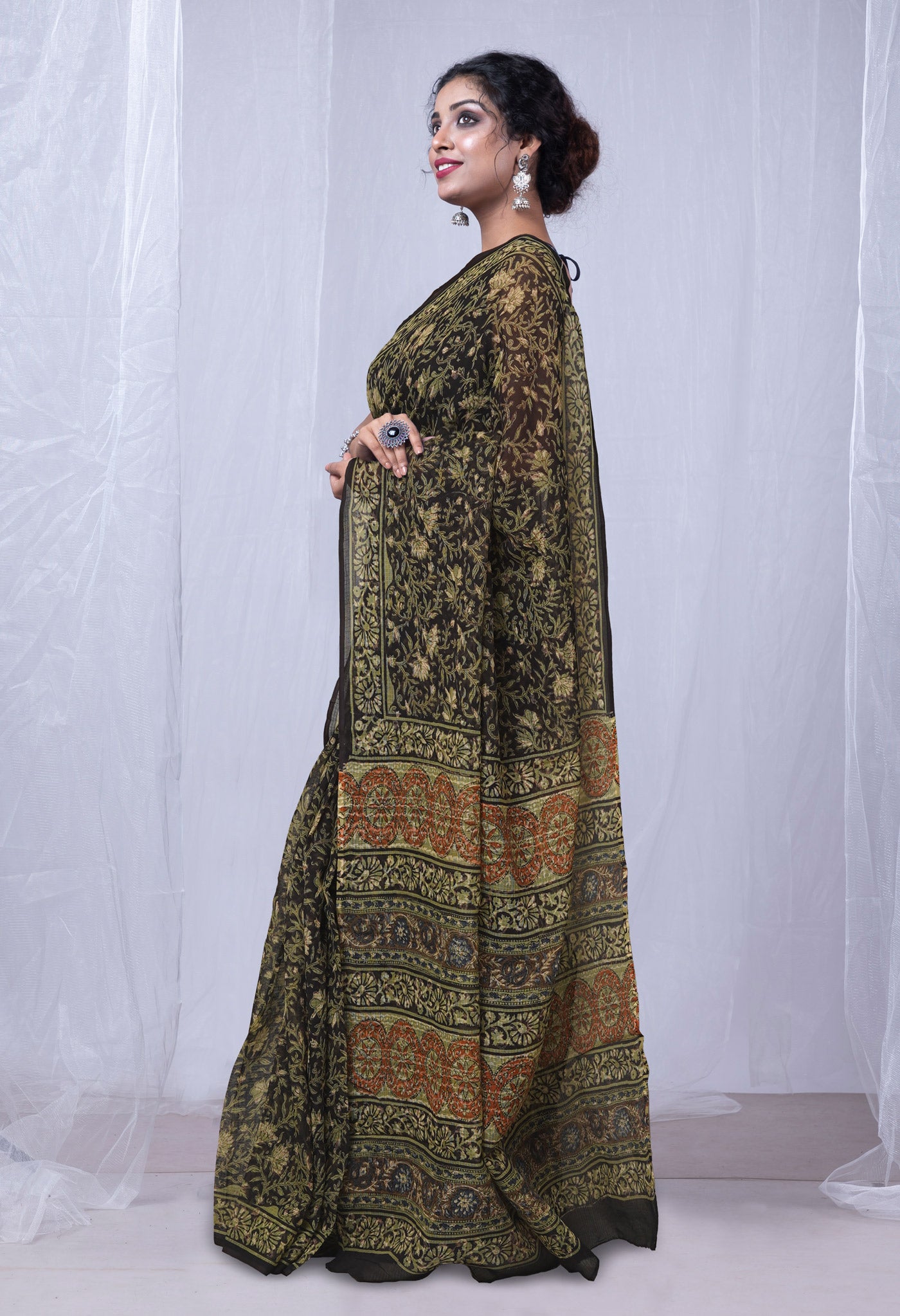 Black Pure Discharge Bagru Printed Kota Saree-UNM81215