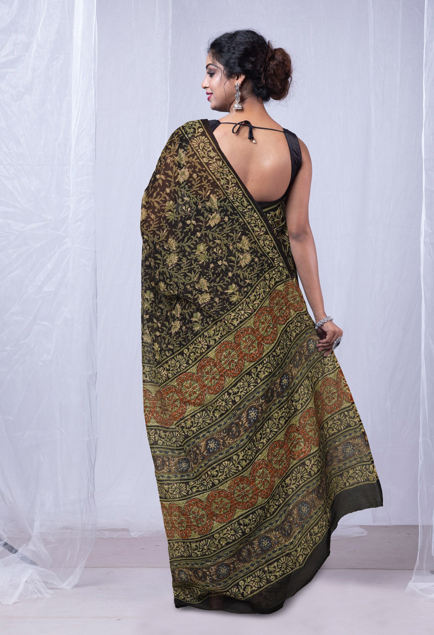 Black Pure Discharge Bagru Printed Kota Saree-UNM81215