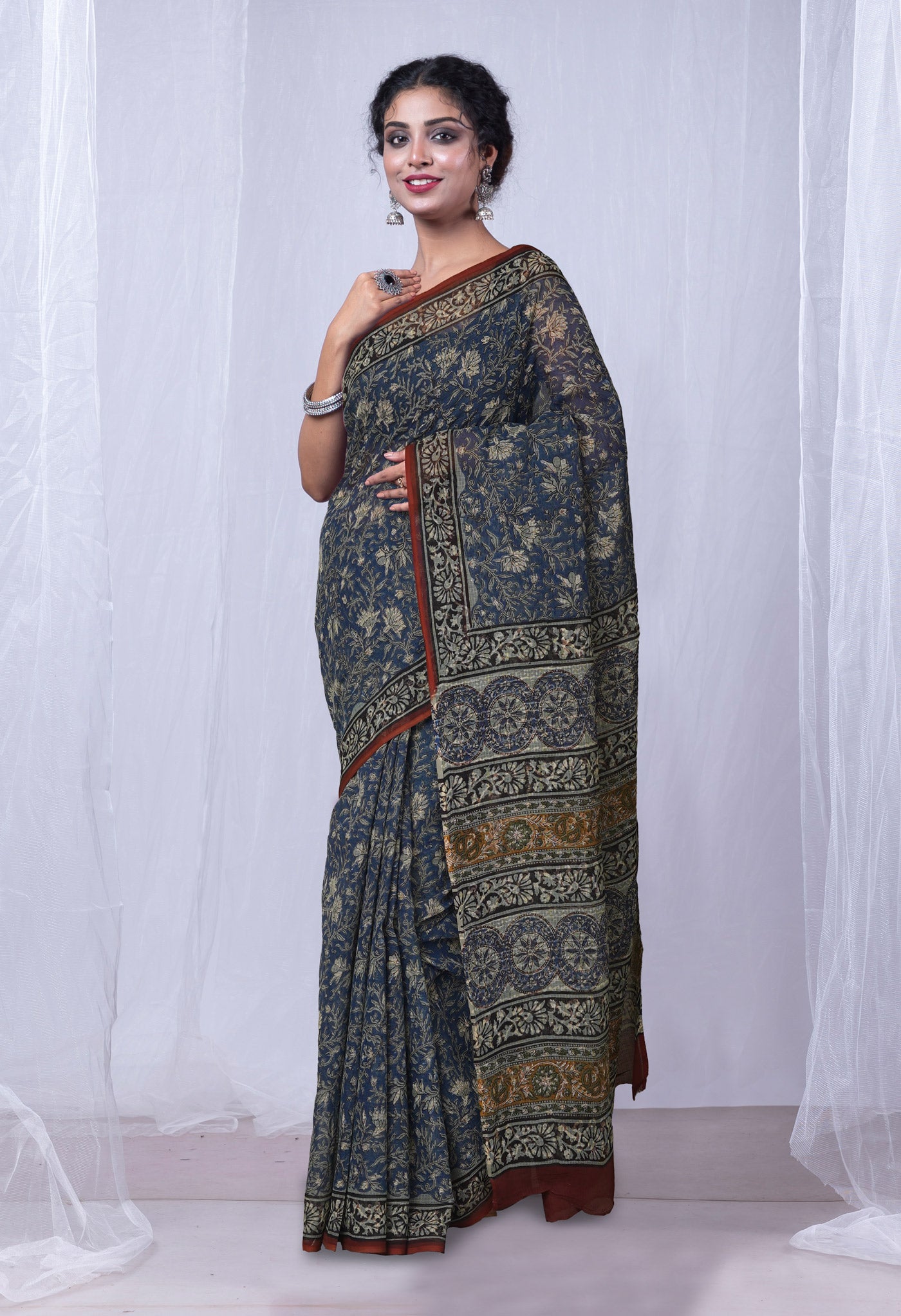 Blue Pure Discharge Bagru Printed Kota Saree-UNM81216